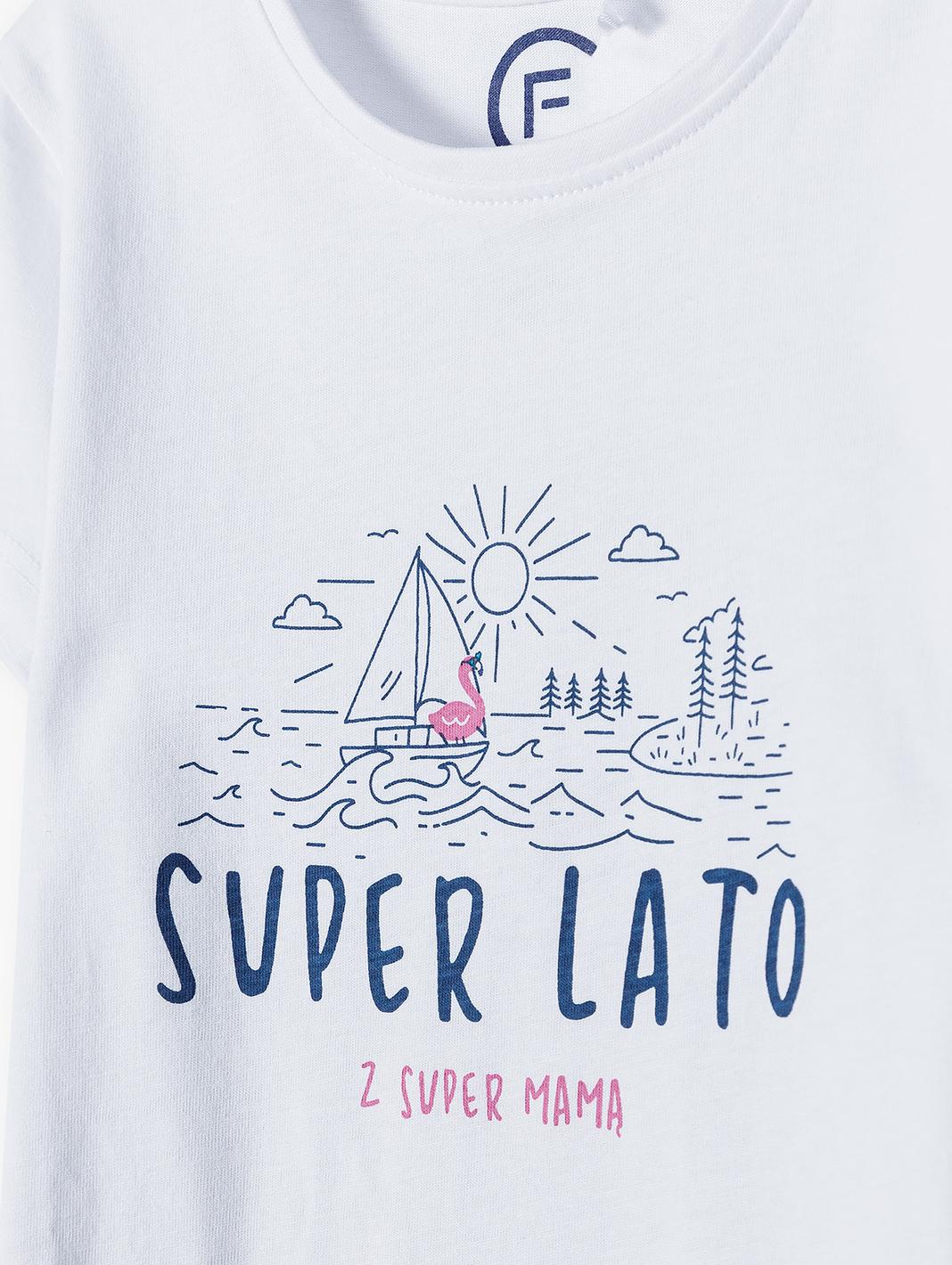 Bawełniany t-shirt dziewczęcy z nadrukiem - SUPER LATO Z SUPER MAMĄ