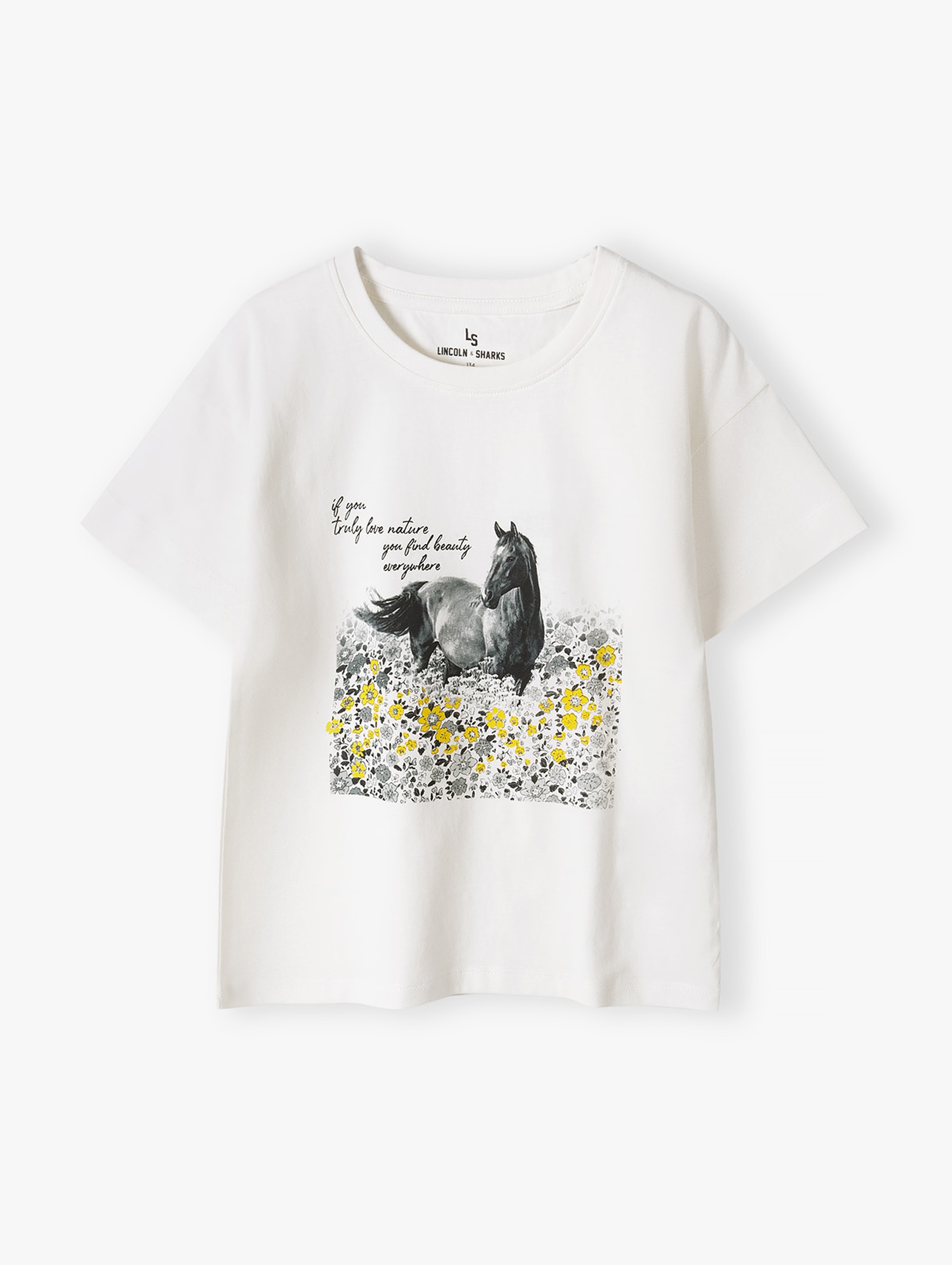 Pudełkowy t-shirt dziewczęcy z koniem - ecru