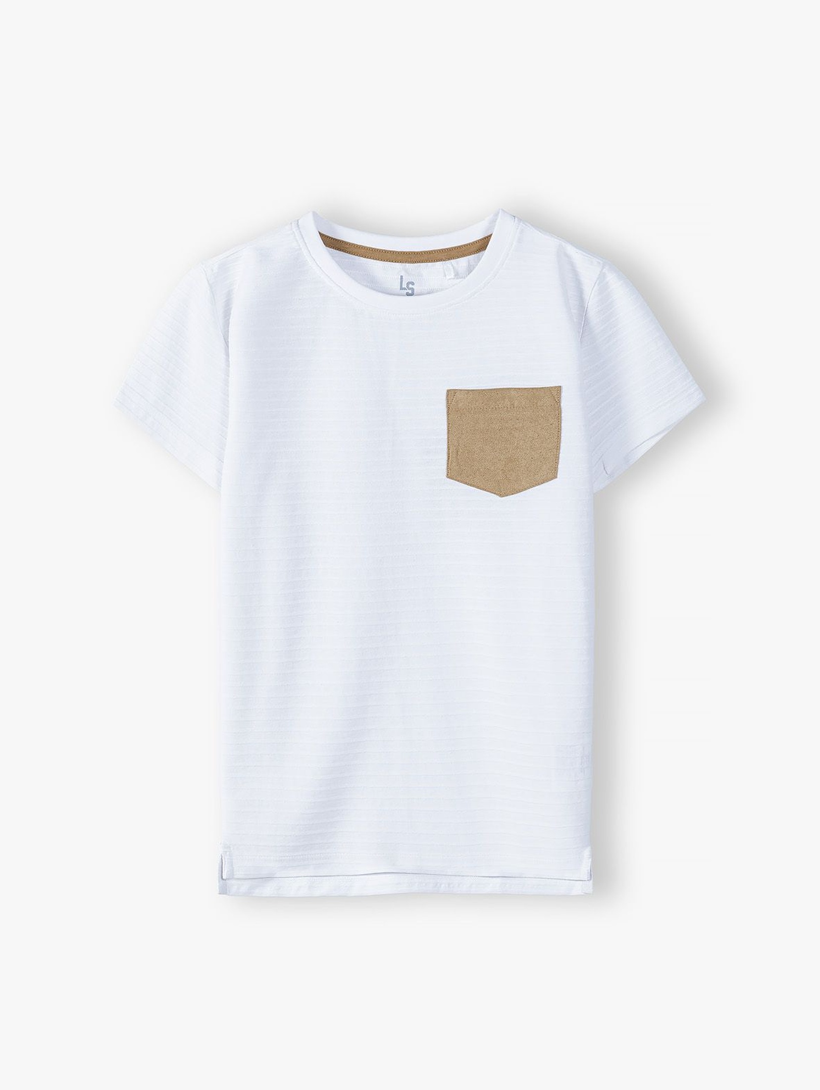 Bawełniany t-shirt chłopięcy z ozdobną kieszonką - biały