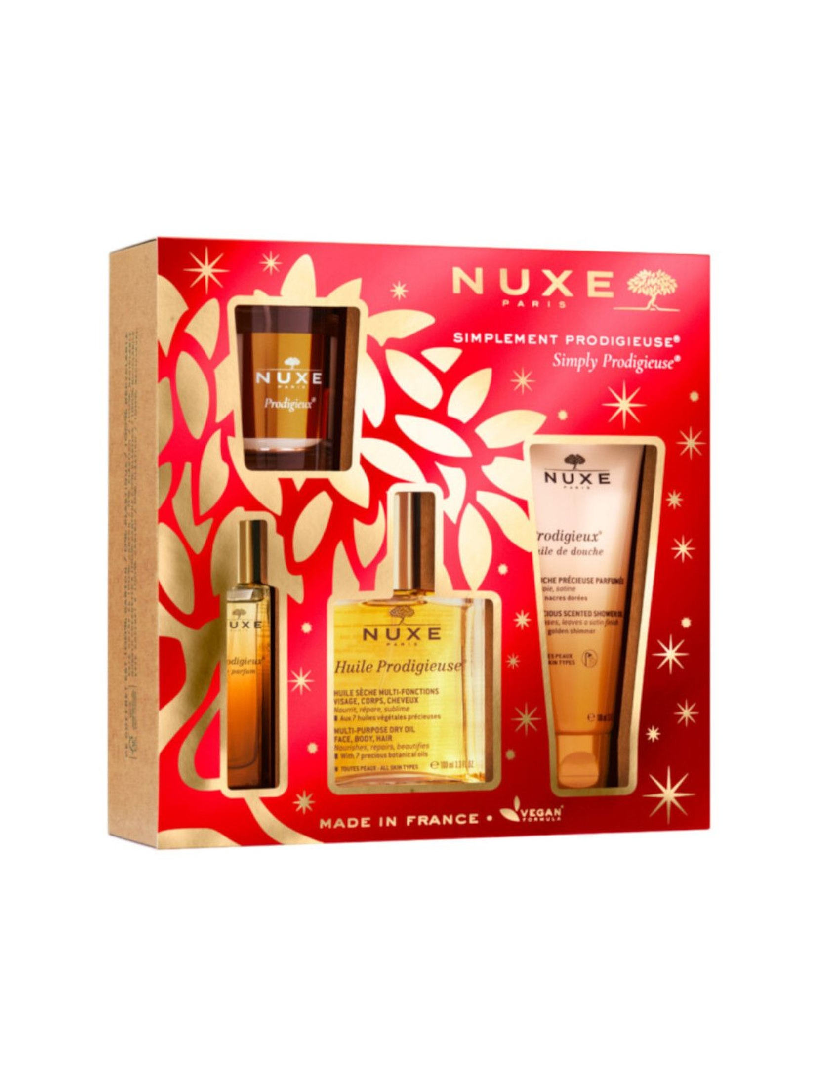 Zestaw  świąteczny NUXE:suchy olejek pielęgnacyjny + olejek pod prysznic+perfumy+świeca zapachowa