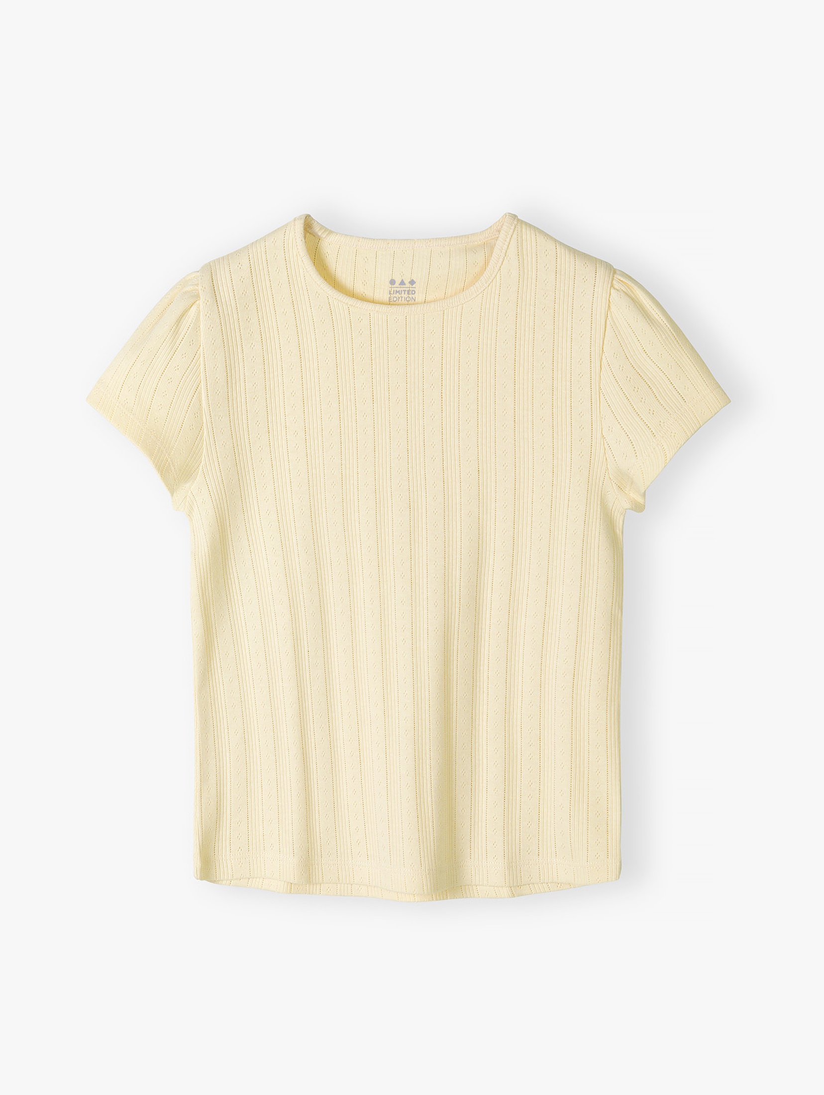 Dzianinowy t-shirt dziewczęcy w prążki - ecru - Limited Edition