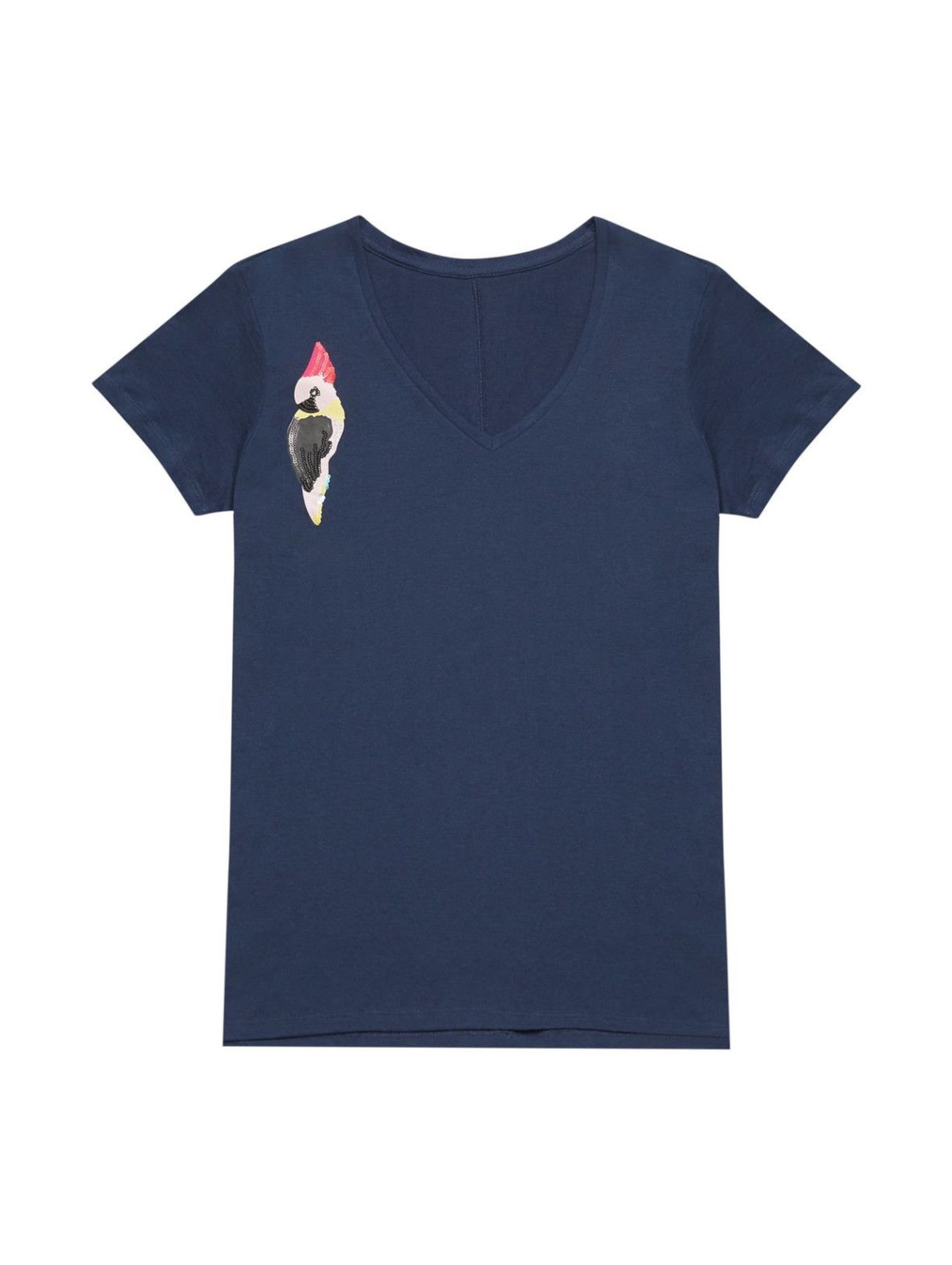 T-shirt damski granatowy z nadrukiem papugi