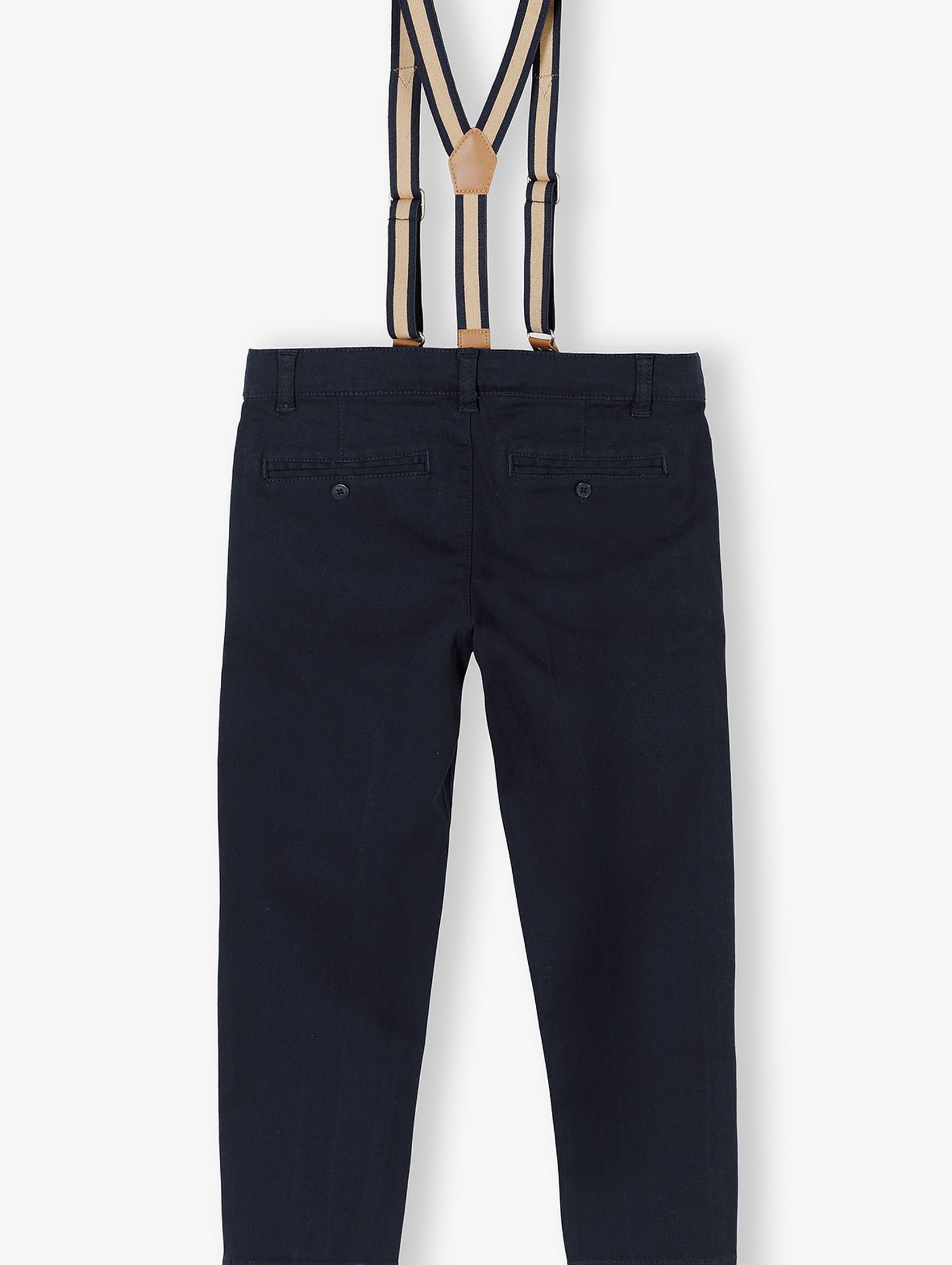 Granatowe eleganckie spodnie regular chłopięce z odpinanymi szelkami