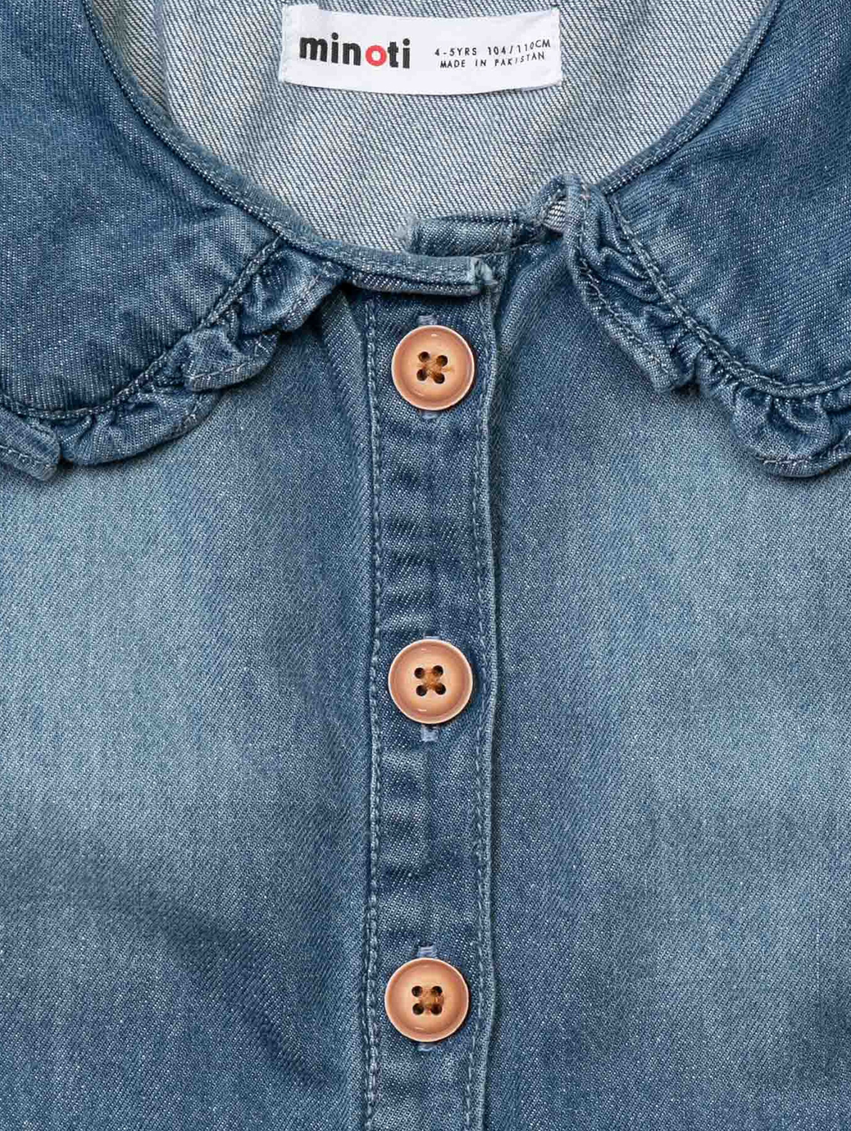 Niemowlęcy jeansowy kombinezon długi bez rękawów z ozdobnym kołnierzykiem