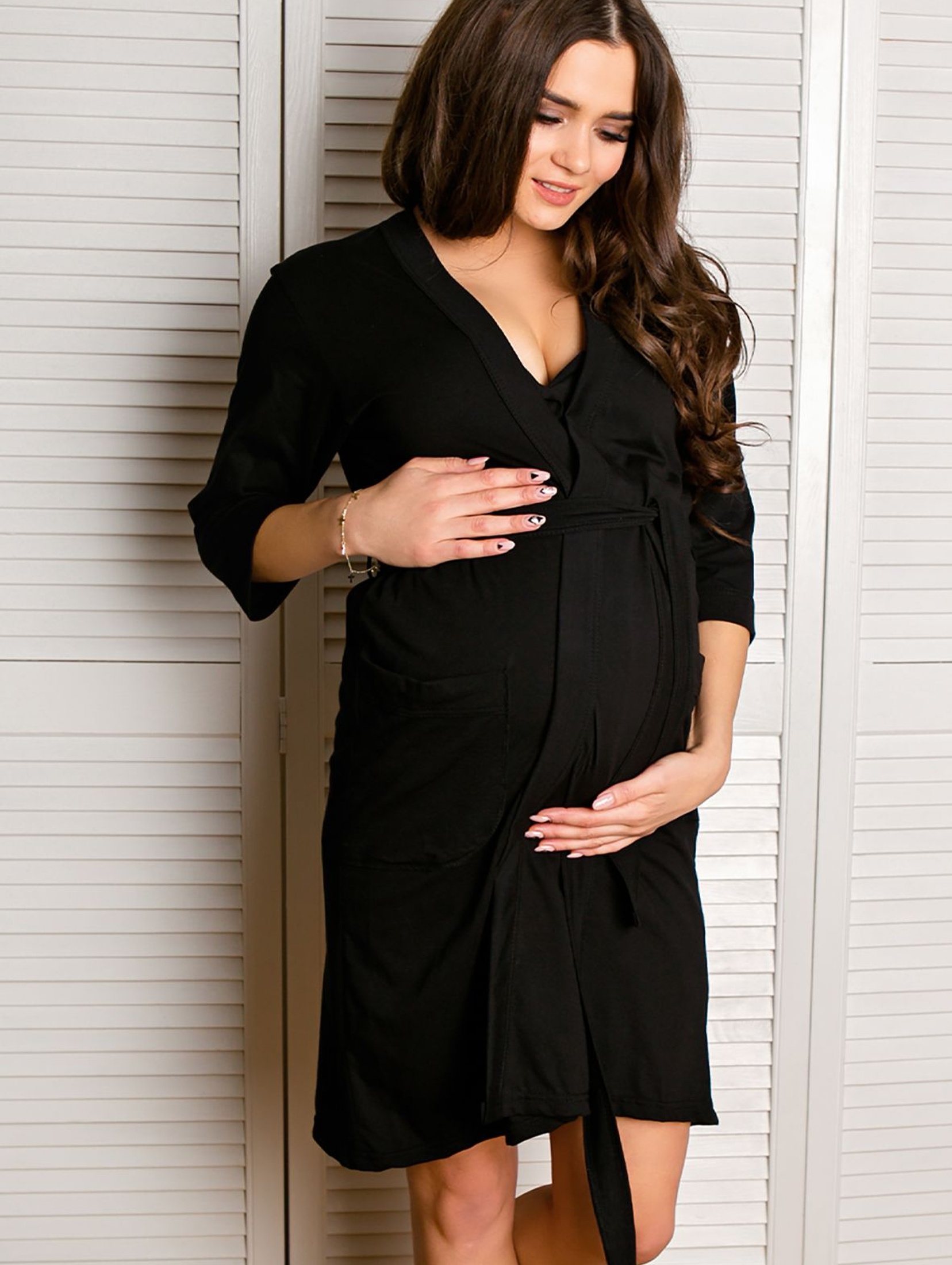Bawełniany szlafrok z paskiem dla kobiet w ciąży - czarny