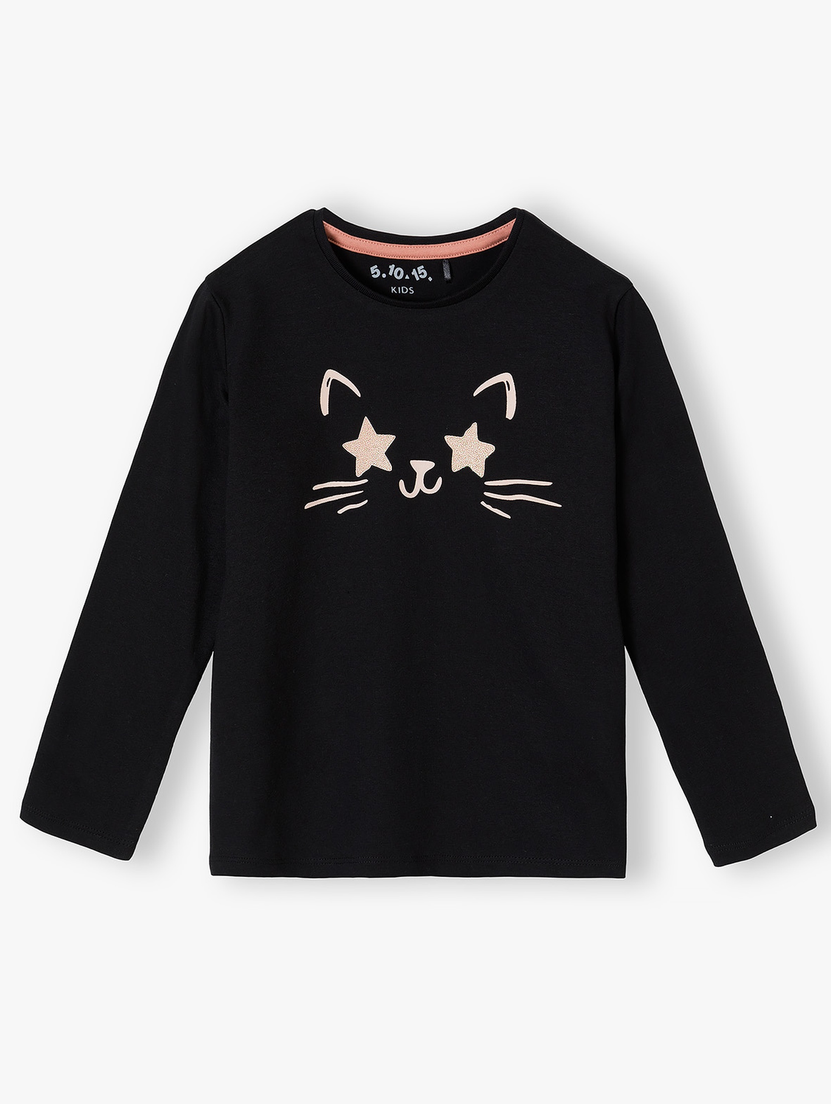 Bawełniana czarna bluzka z kotem dla dziewczynki - długi rękaw