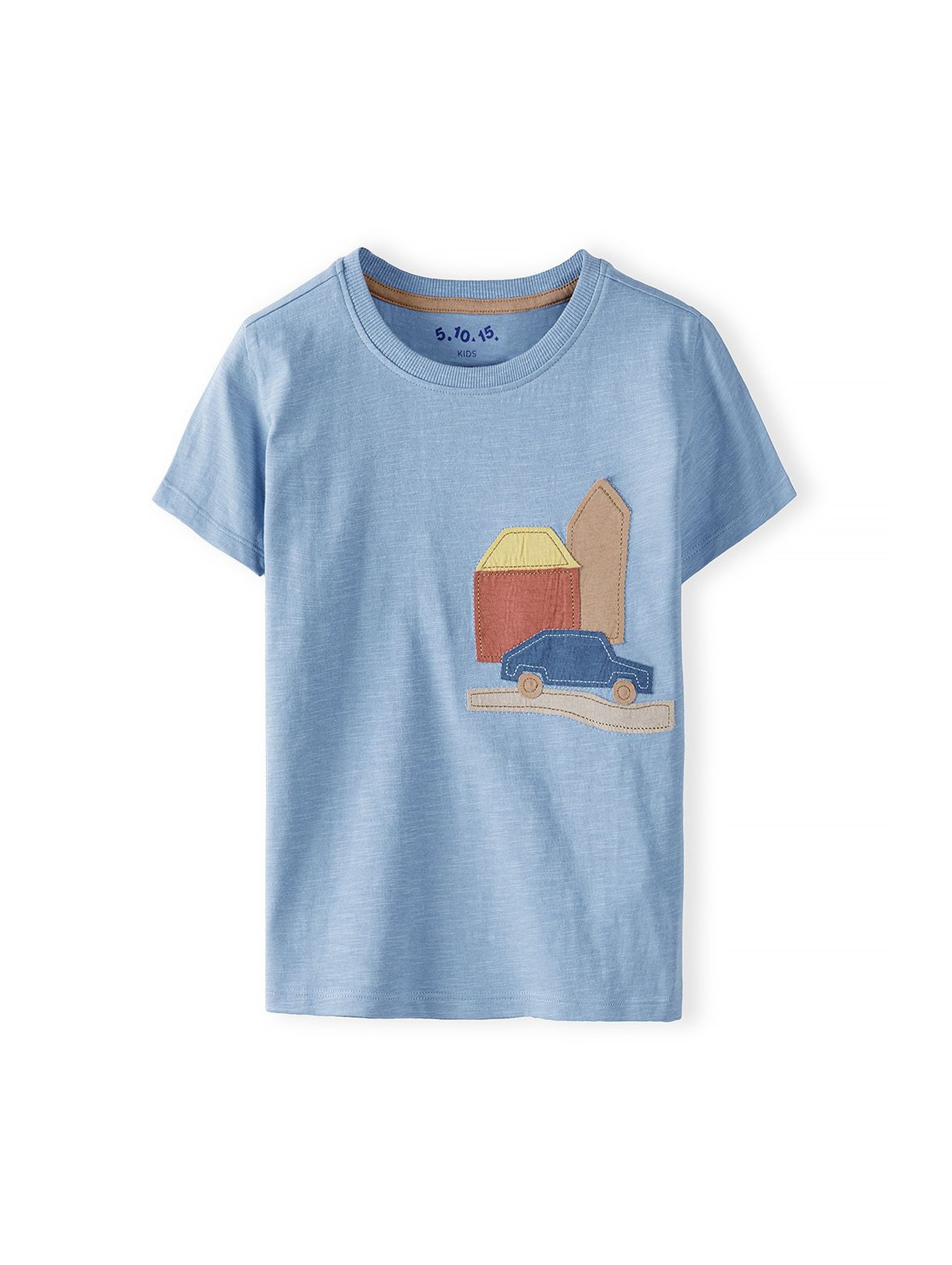 T-shirt chłopięcy bawełniany z naszywaną aplikacją- niebieski
