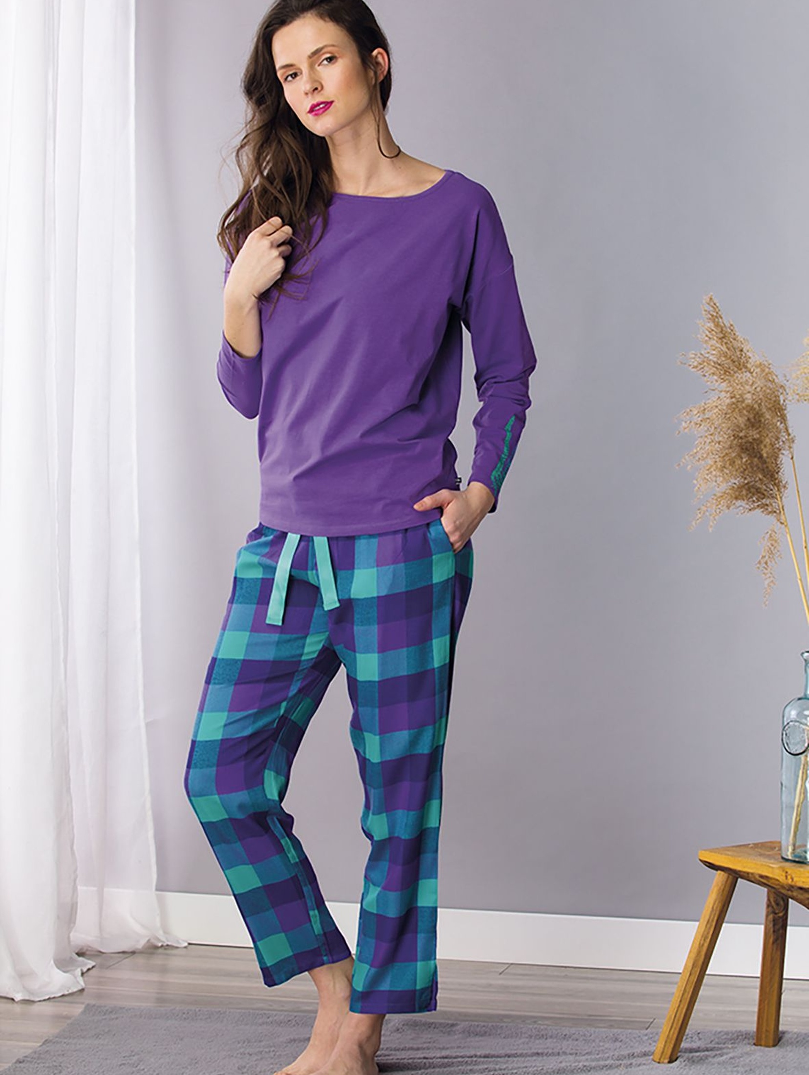 Bawełniana piżama w kratę - fioletowa