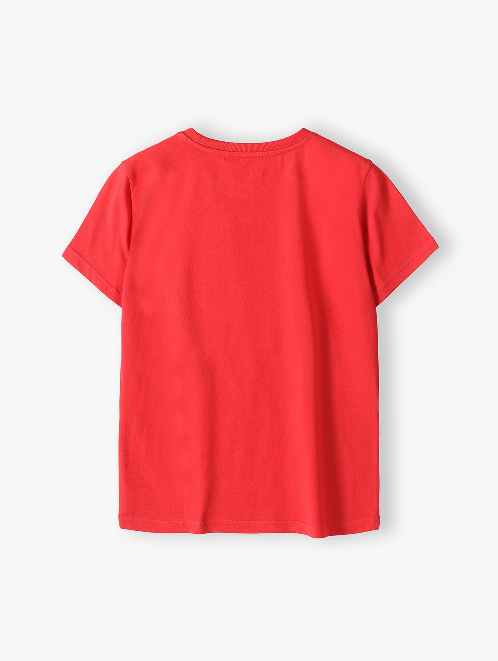 Czerwony t- shirt z napisem "Sainta is here"