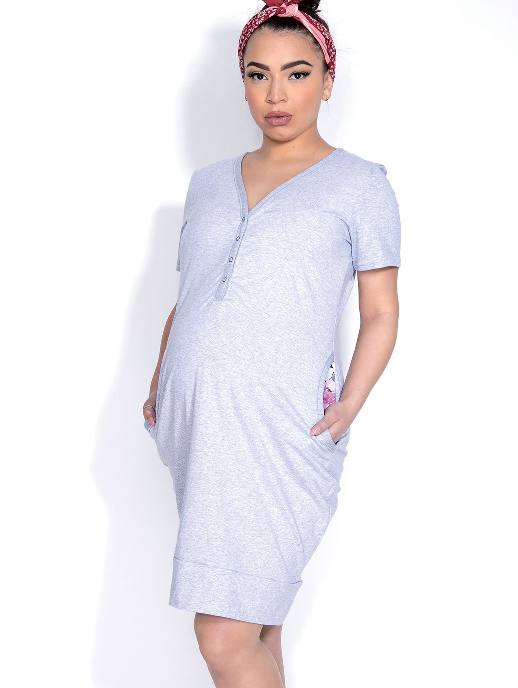 Koszula nocna ciążowa z kieszeniami MAMA DRESS szara
