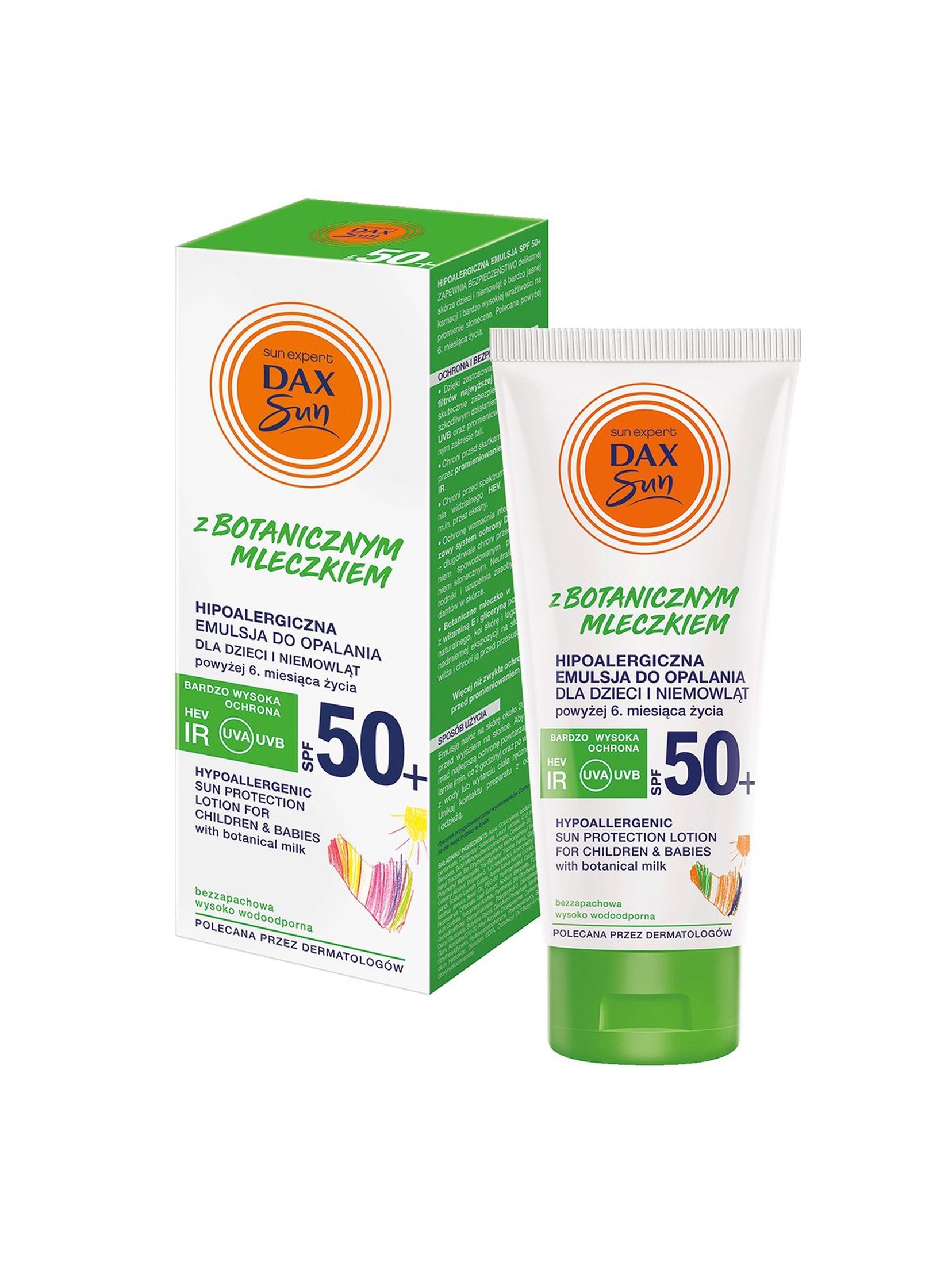Dax Sun, hipoalergiczna emulsja dla dzieci do twarzy i ciała SP F50+ z botanicznym mleczkiem, 150 ml