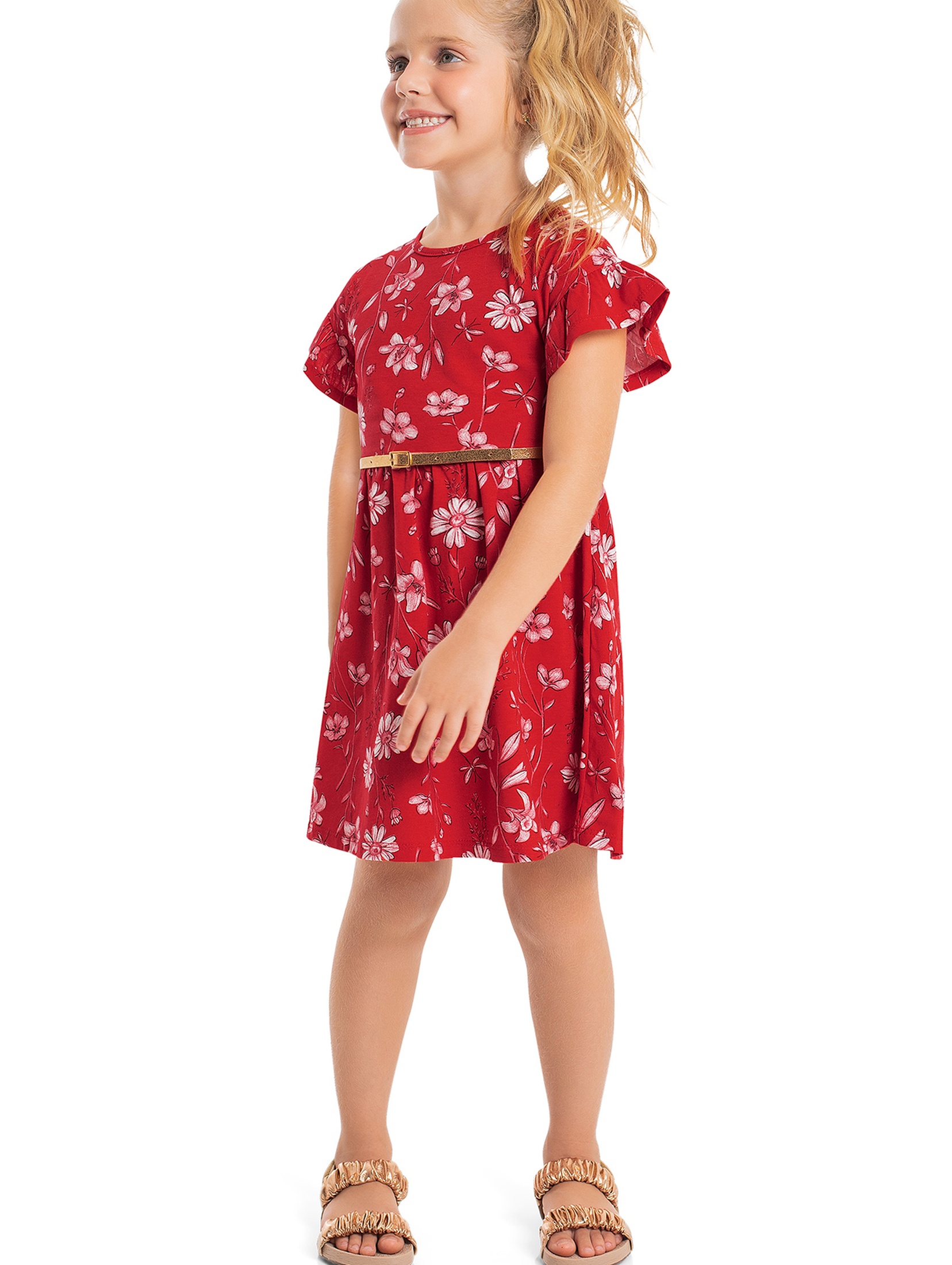 Czerwona bawełniana sukienka dziewczęca z ozdobnymi rękawkami