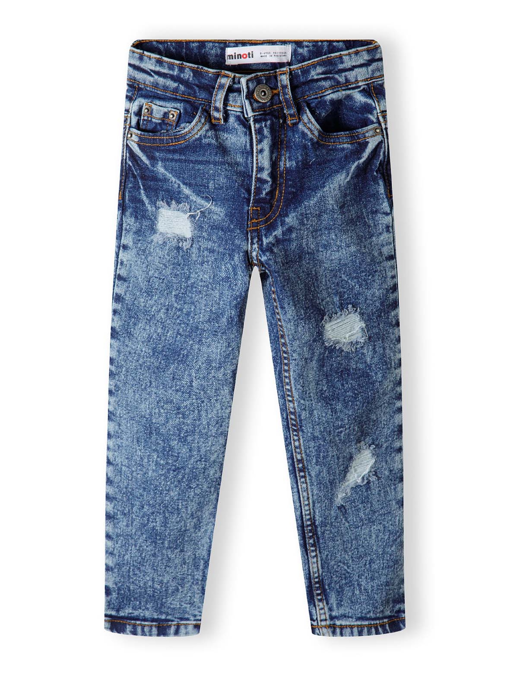 Ciemnoniebieskie chłopięce spodnie jeansowe z przetarciami