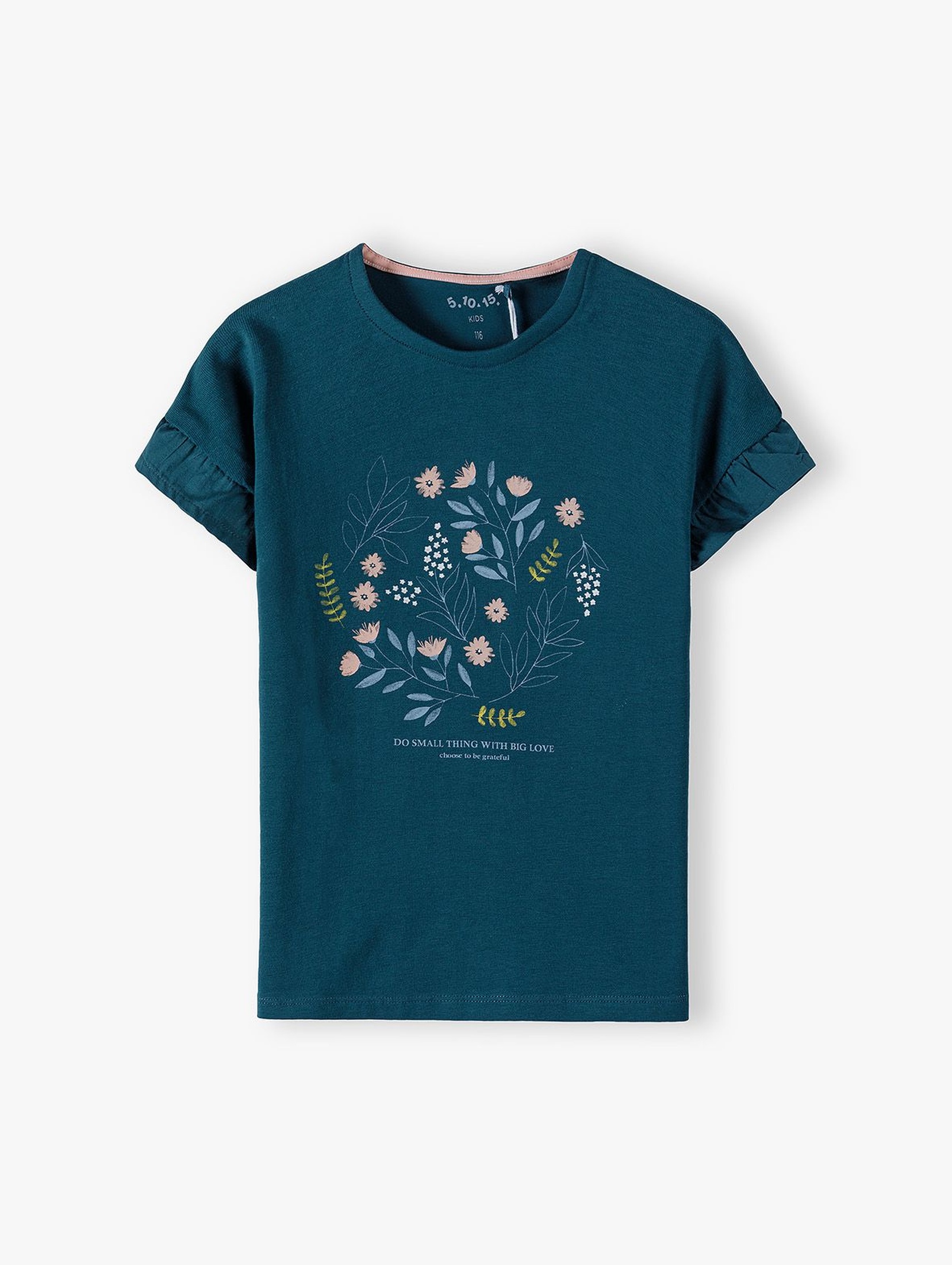 Bawełniany granatowy  t-shirt dziewczęcy ozdobiony kwiatkami