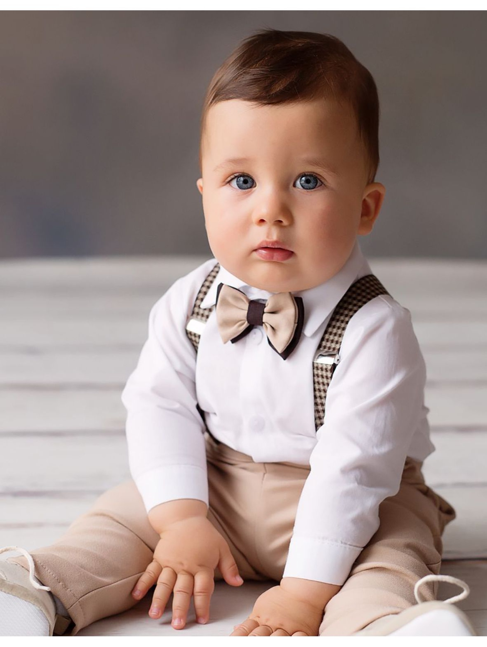 Elegancki zestaw HENRYK dla chłopca - koszulo-body + spodnie + szelki+ mucha