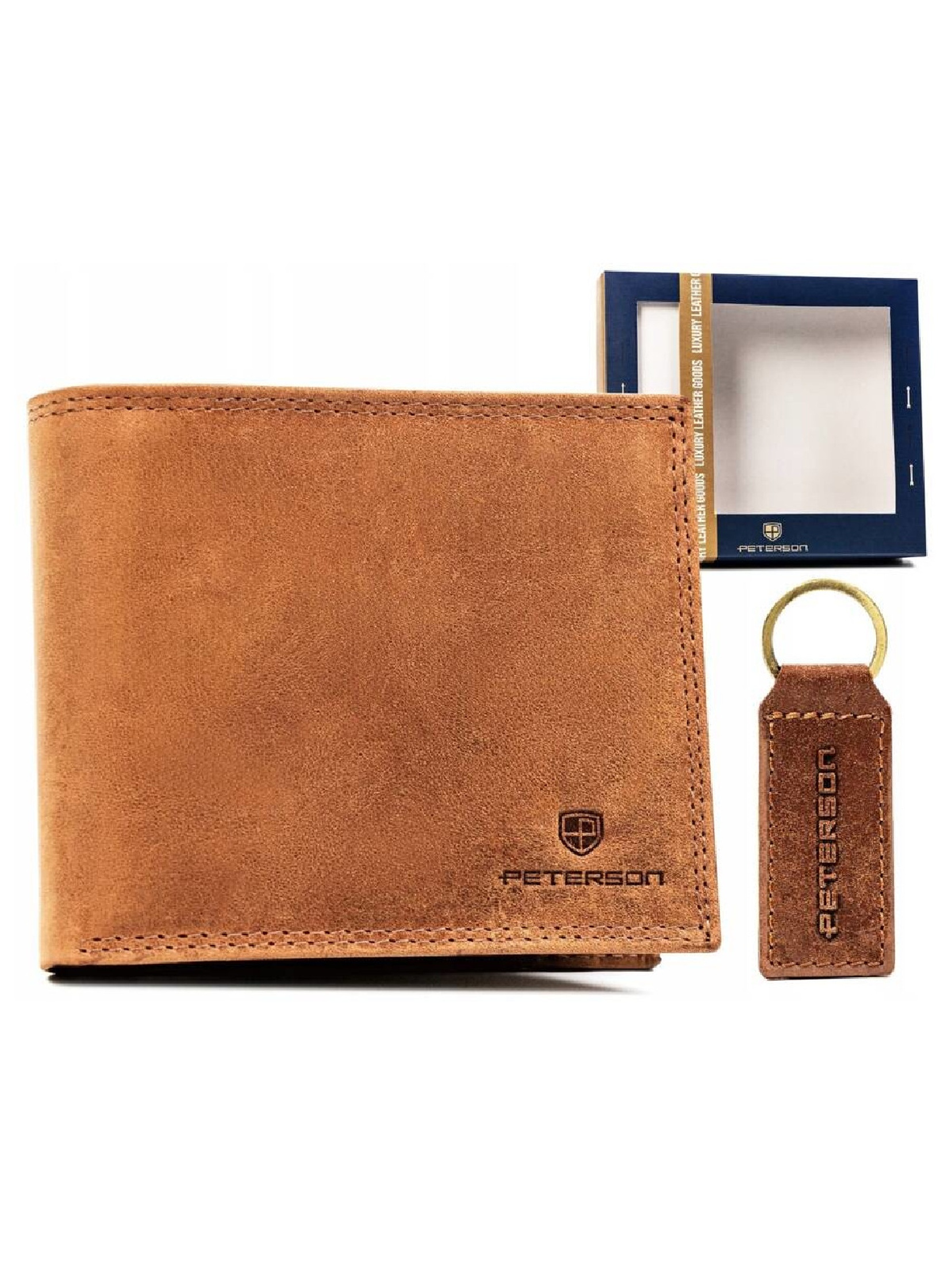 Peterson zestaw prezentowy: skórzany, duży portfel męski i brelok brązowy