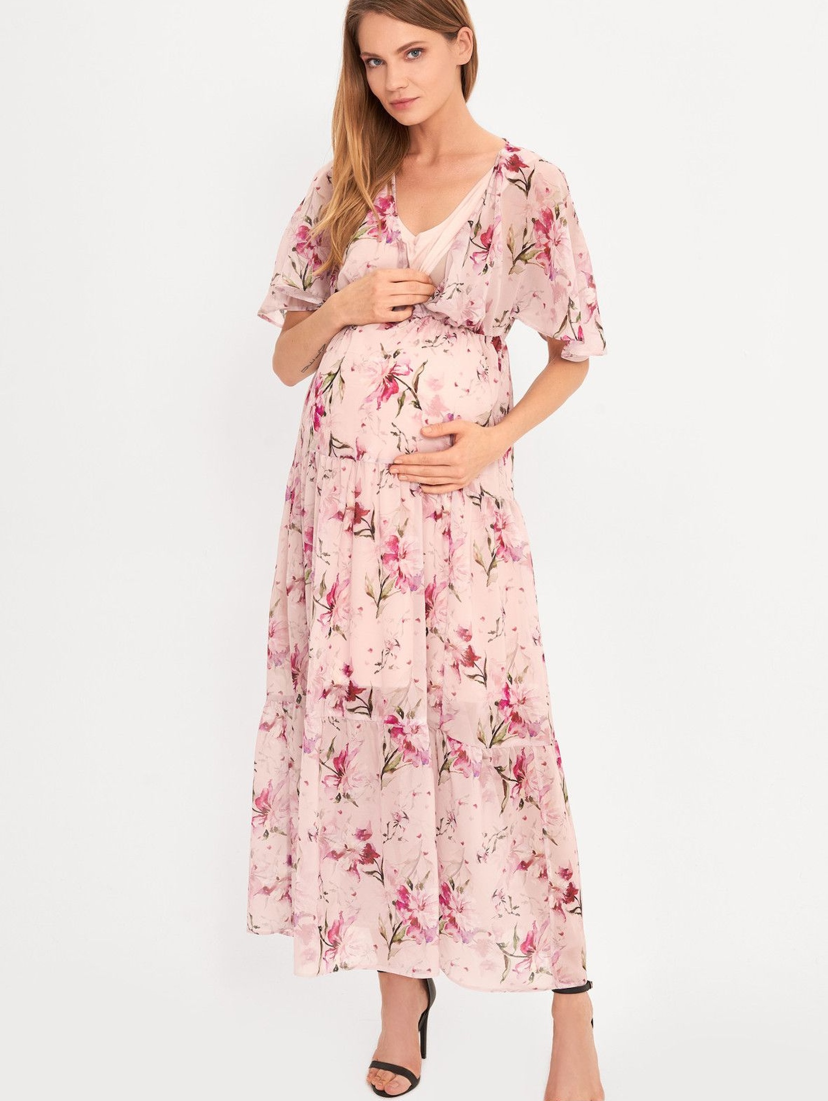 Sukienka ciążowa i dla karmiącej mamy Maxi- różowa w kwiaty