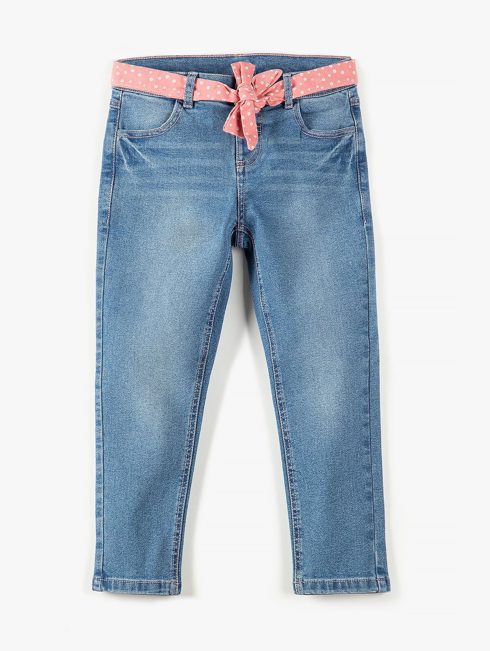 Spodnie dziewczęce jeansowe z różową ozdobną wstążka