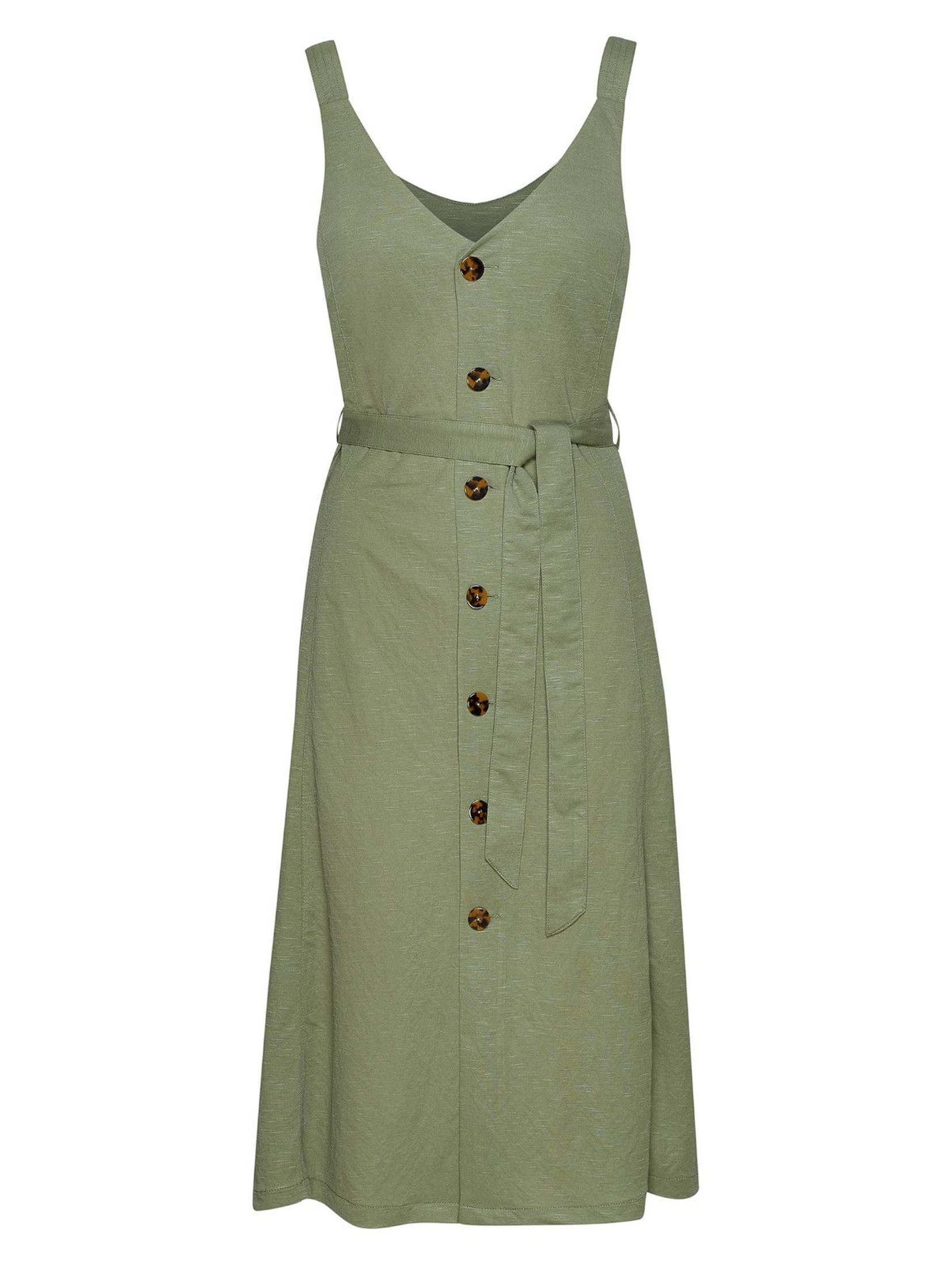 Rozkloszowana oliwkowa sukienka na szerokich ramiączkach