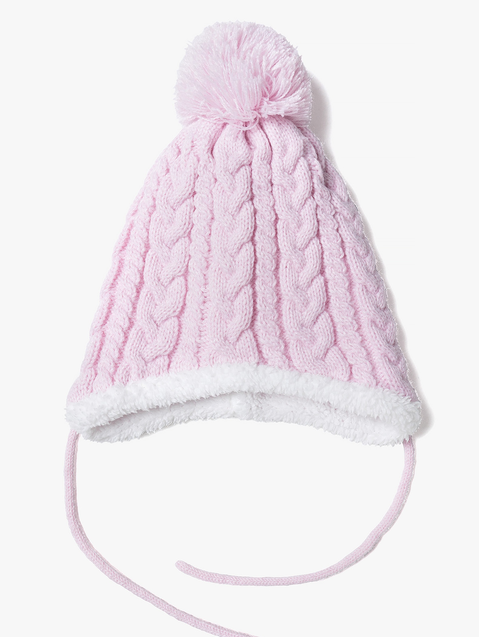 Ciepła zimowa czapka dla niemowlaka wiązana pod szyją - różowa