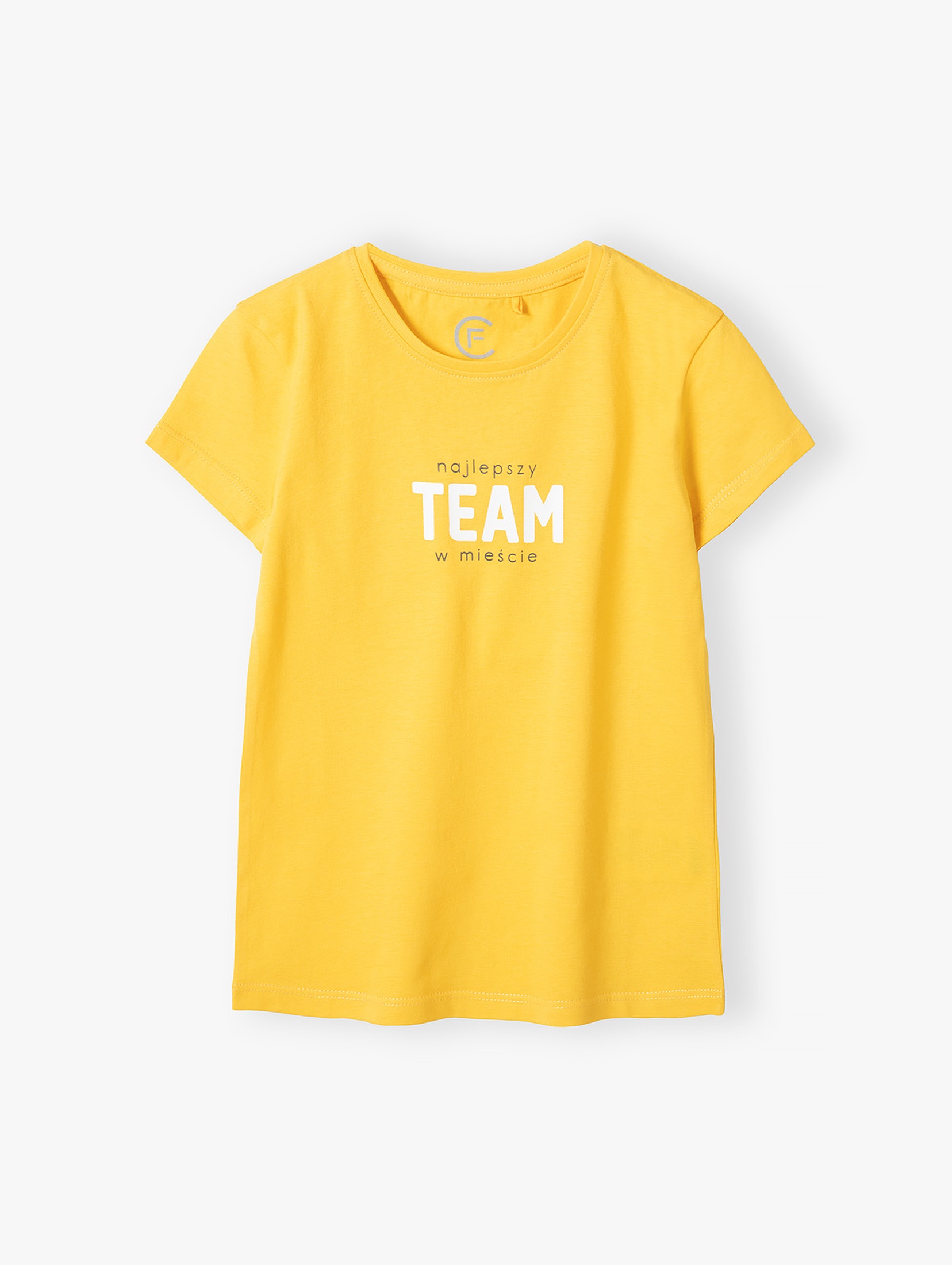 T-shirt bawełniany żółty z napisem Najlepszy team w mieście