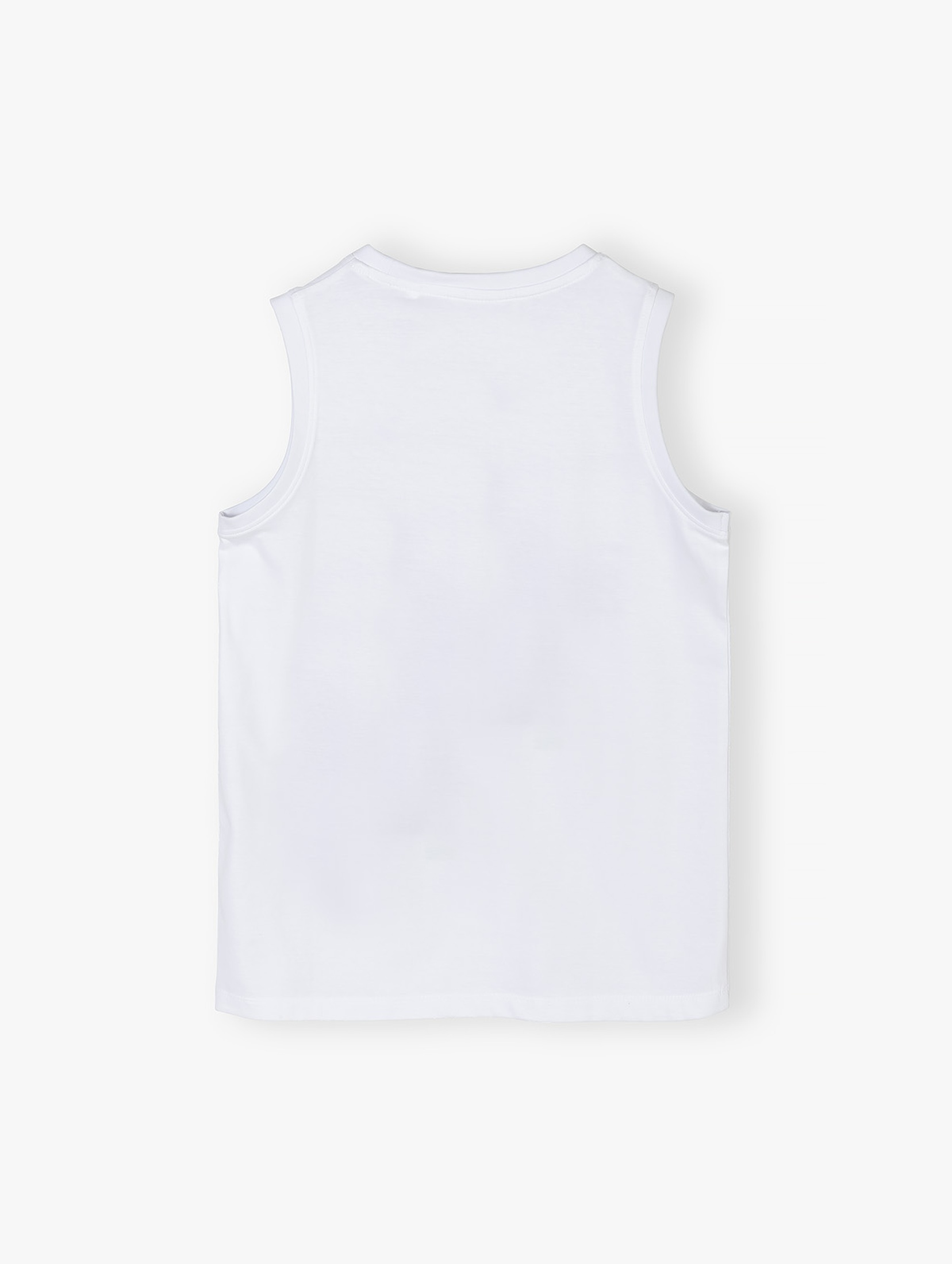 Biała koszulka chłopięca bez rękawów bawełniana z nadrukiem