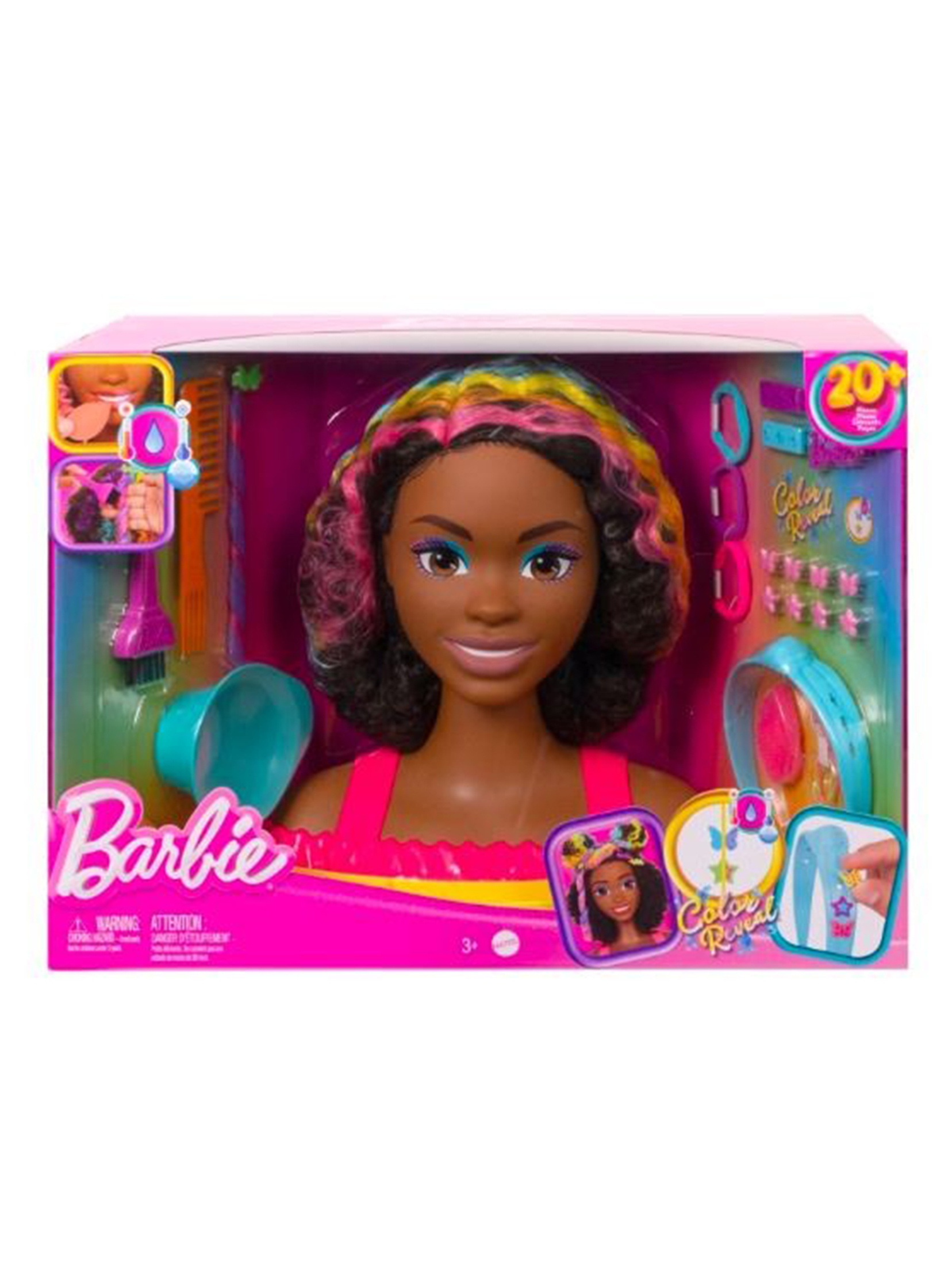 Barbie głowa do stylizacji- kręcone włosy- neonowa tęcza