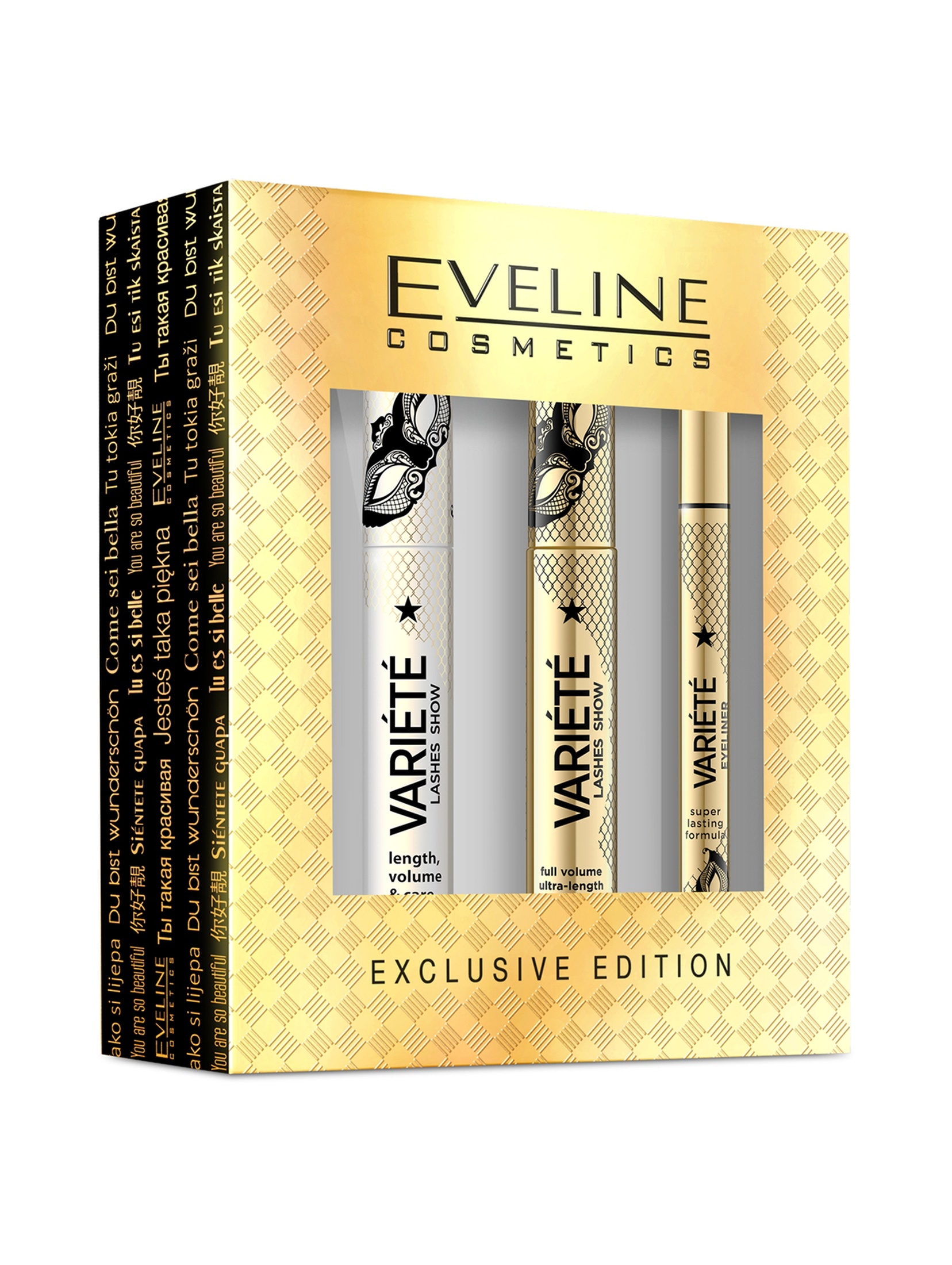 Eveline Cosmetics Variété - Zestaw prezentowy: Tusz do rzęs pogrubiająco - wydłużający + Wodoodporny eyeliner + Primer do rzęs