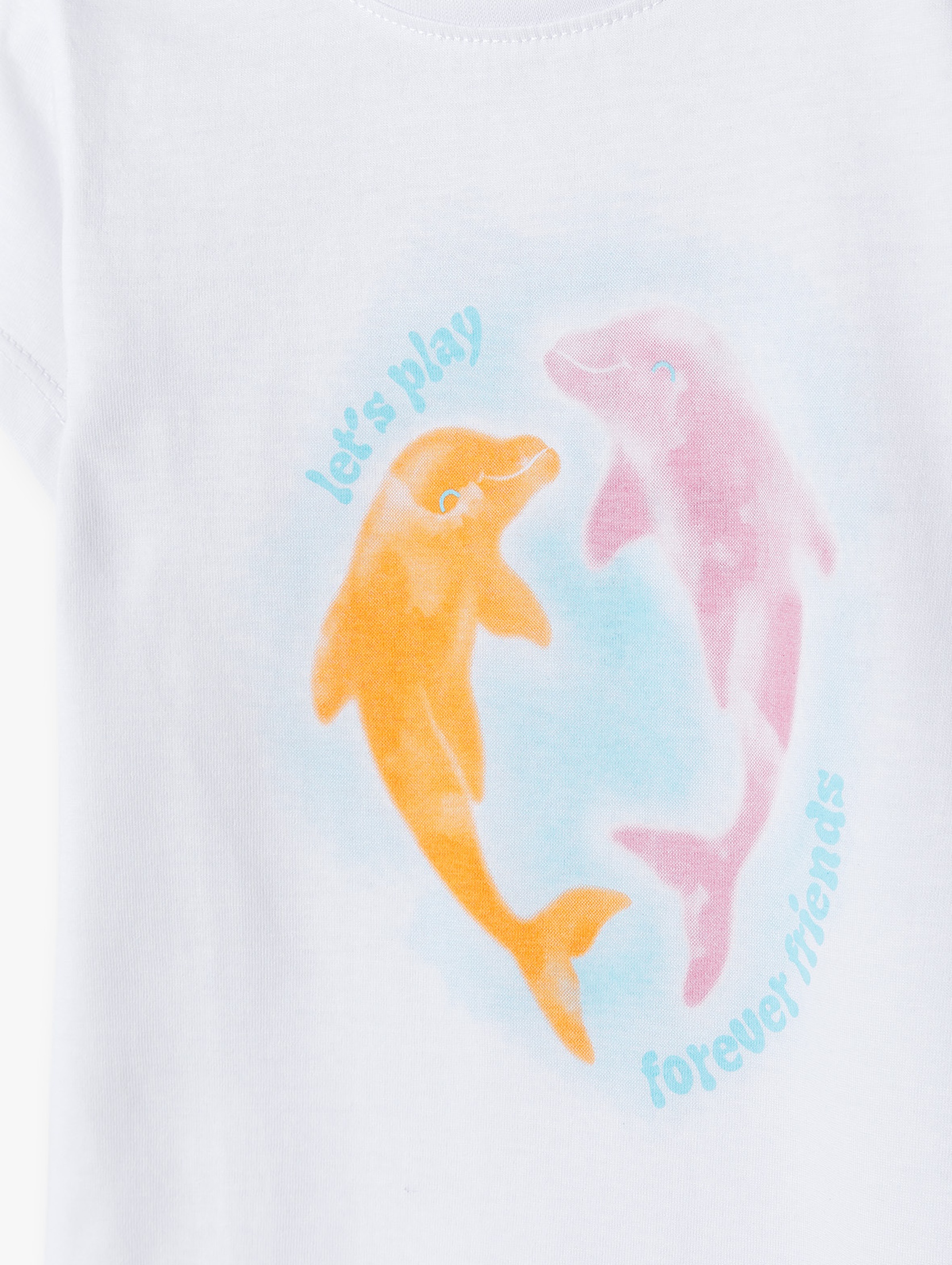 Biały t-shirt bawełniany dla dziewczynki z kolorowymi delfinami