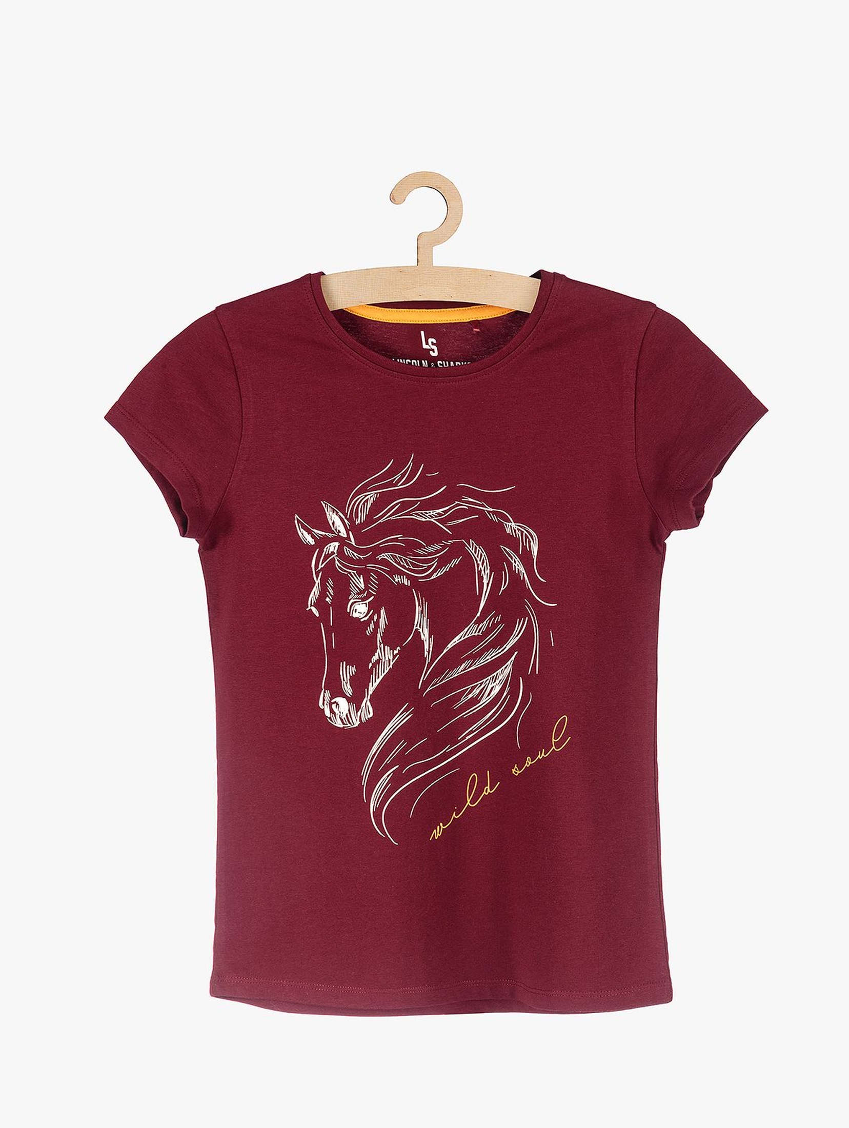 T-shirt dziewczęcy - bordowy z koniem
