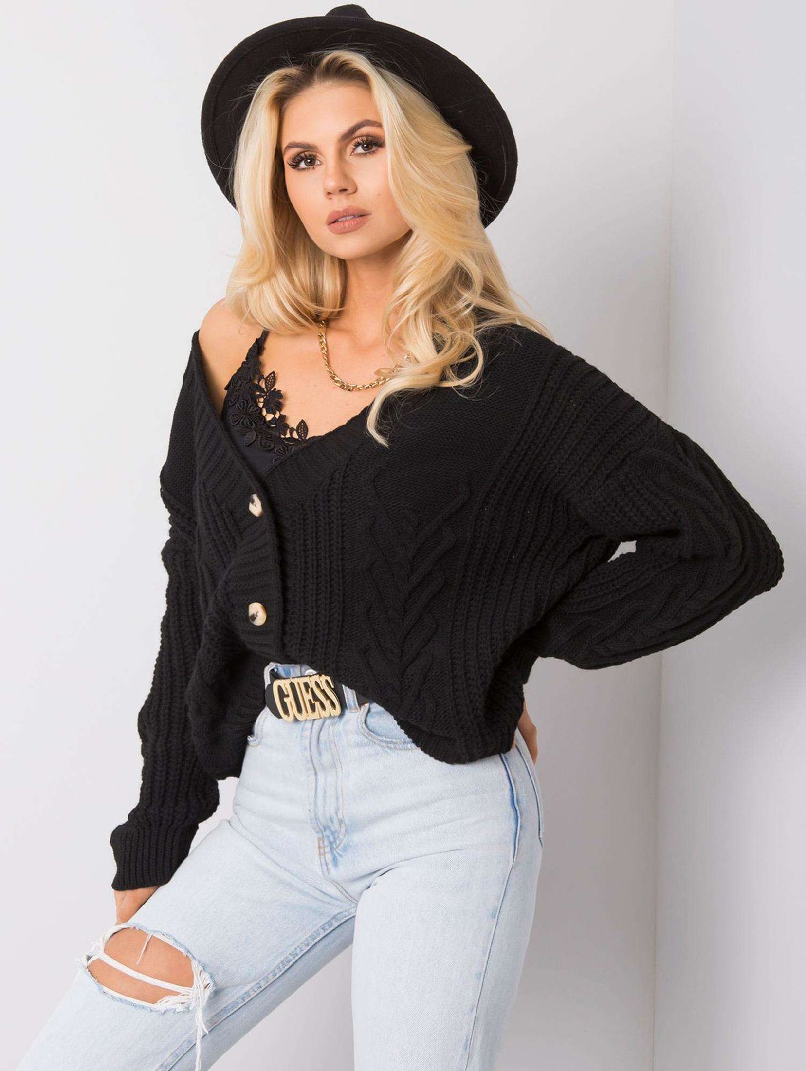 Oversizowy sweter damski rozpinany - czarny