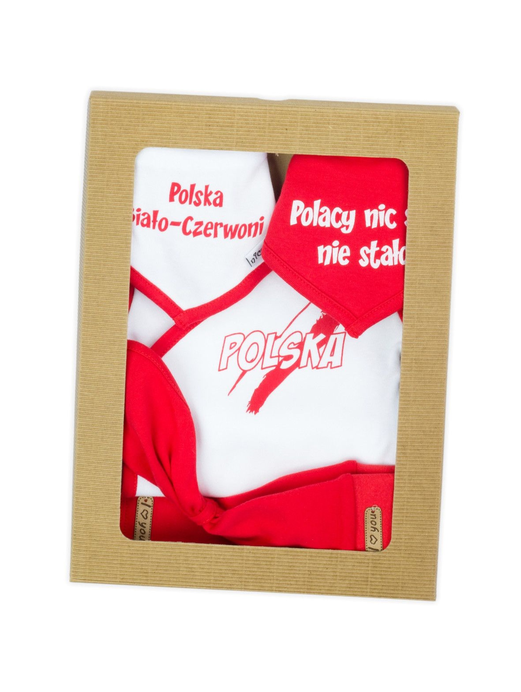 Bawełniany komplet Strefa Kibica - chustka + 2x apaszka + body + spodenki - biało-czerwony