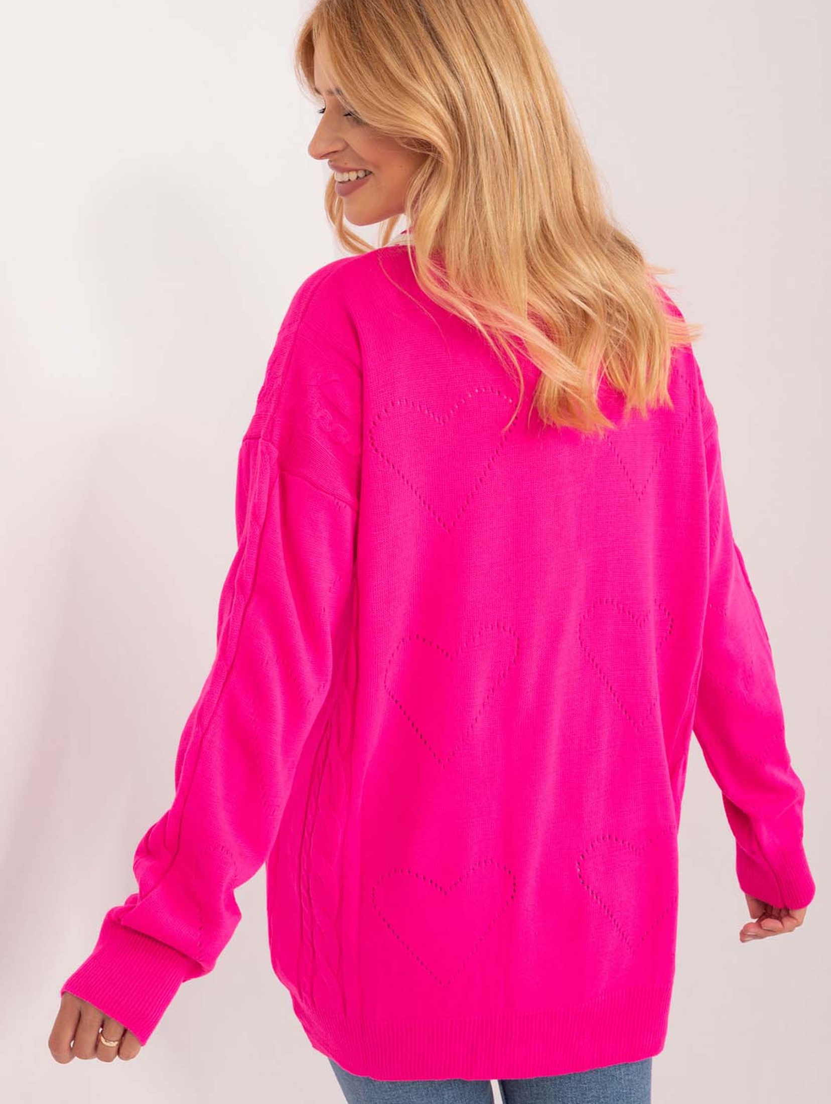 Fluo różowy długi sweter damski z zapięciem na guziki
