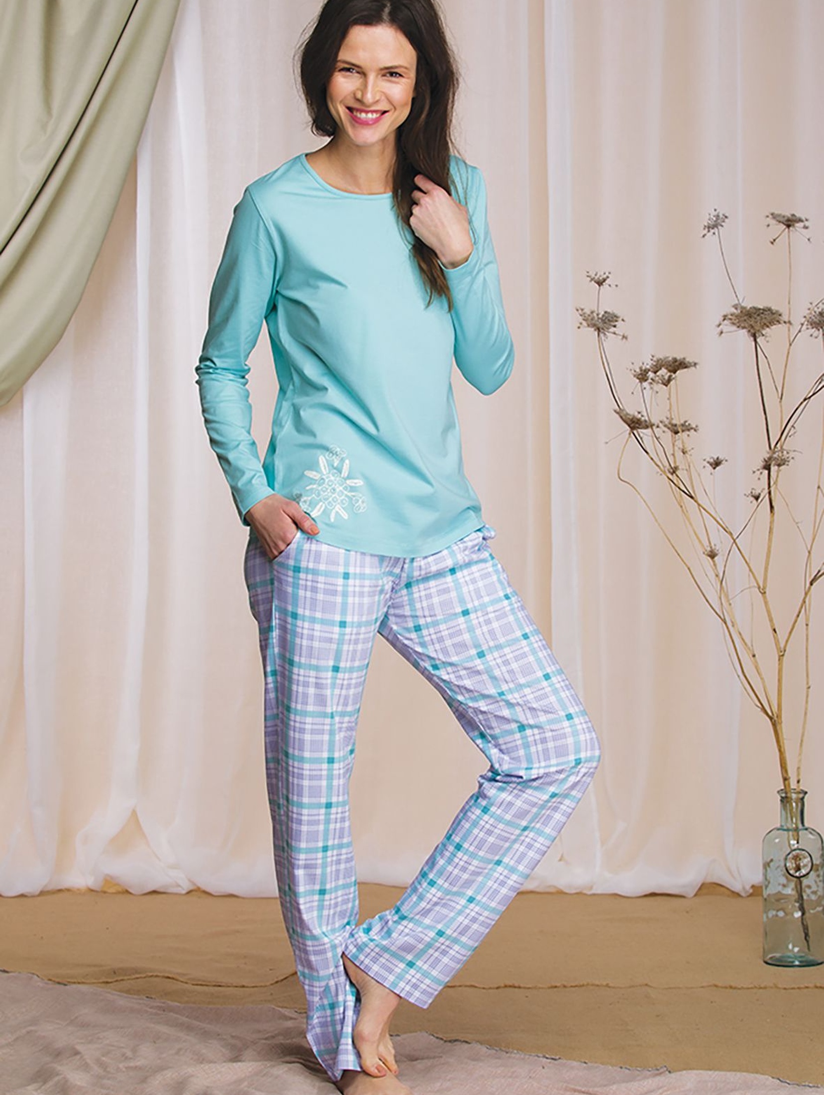 Bawełniana piżama damska Key - turkusowa