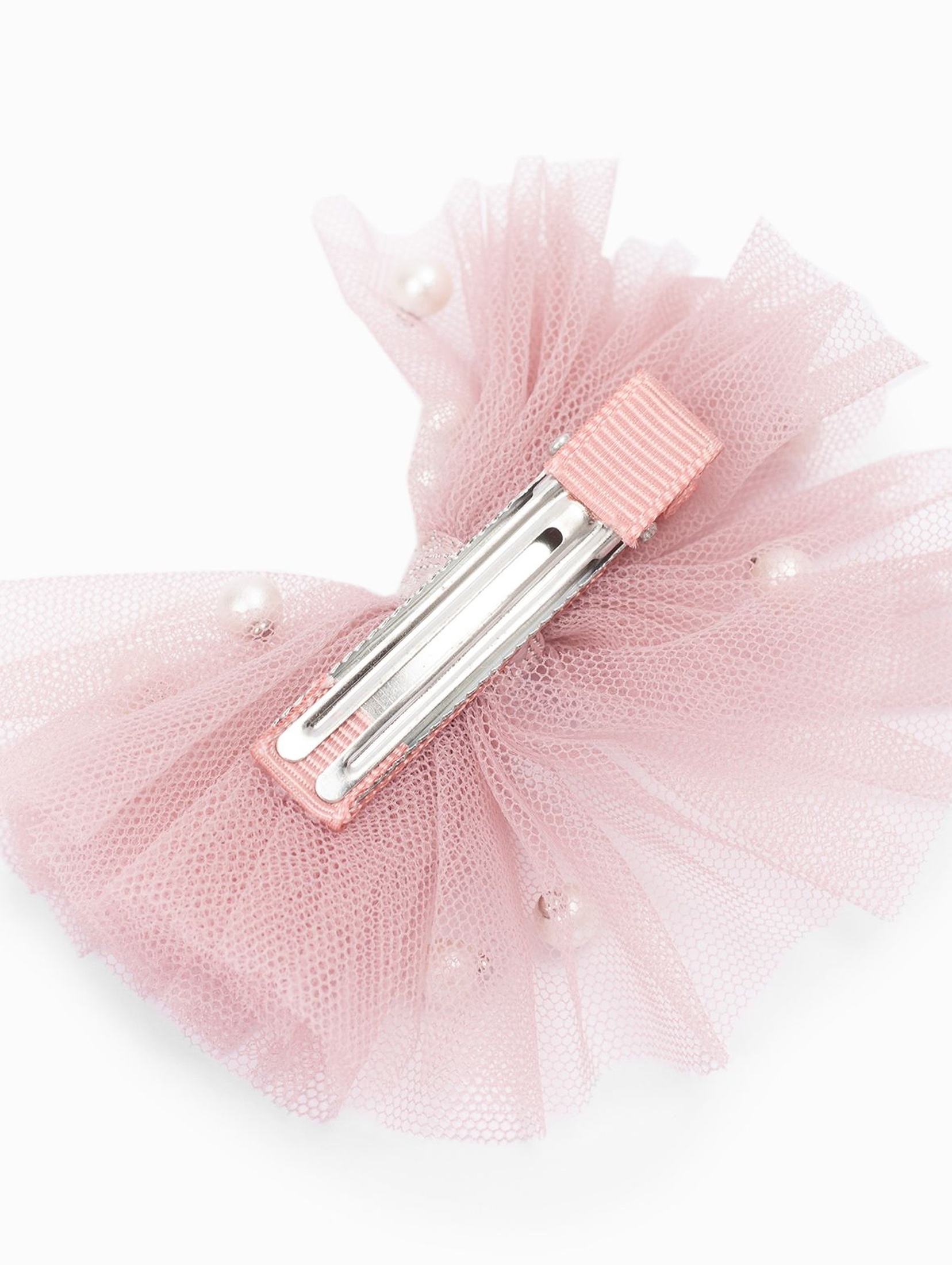 Spinka do włosów - tiulowa kokardka w kolorze pudrowego różu ozdobiona perełkami