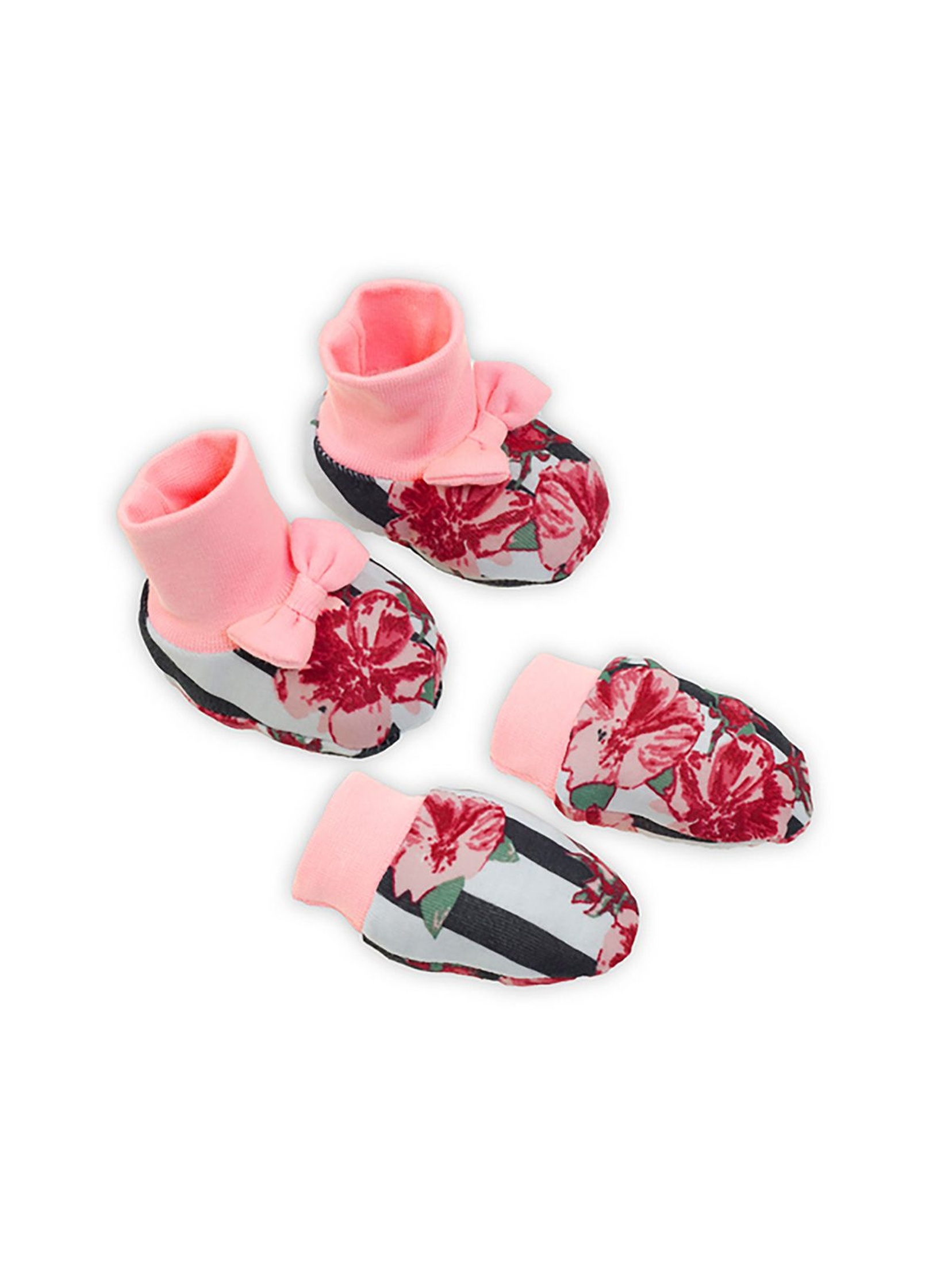 Komplet niemowlęcy w kwiaty i paski - rękawiczki + buciki - kolorowy
