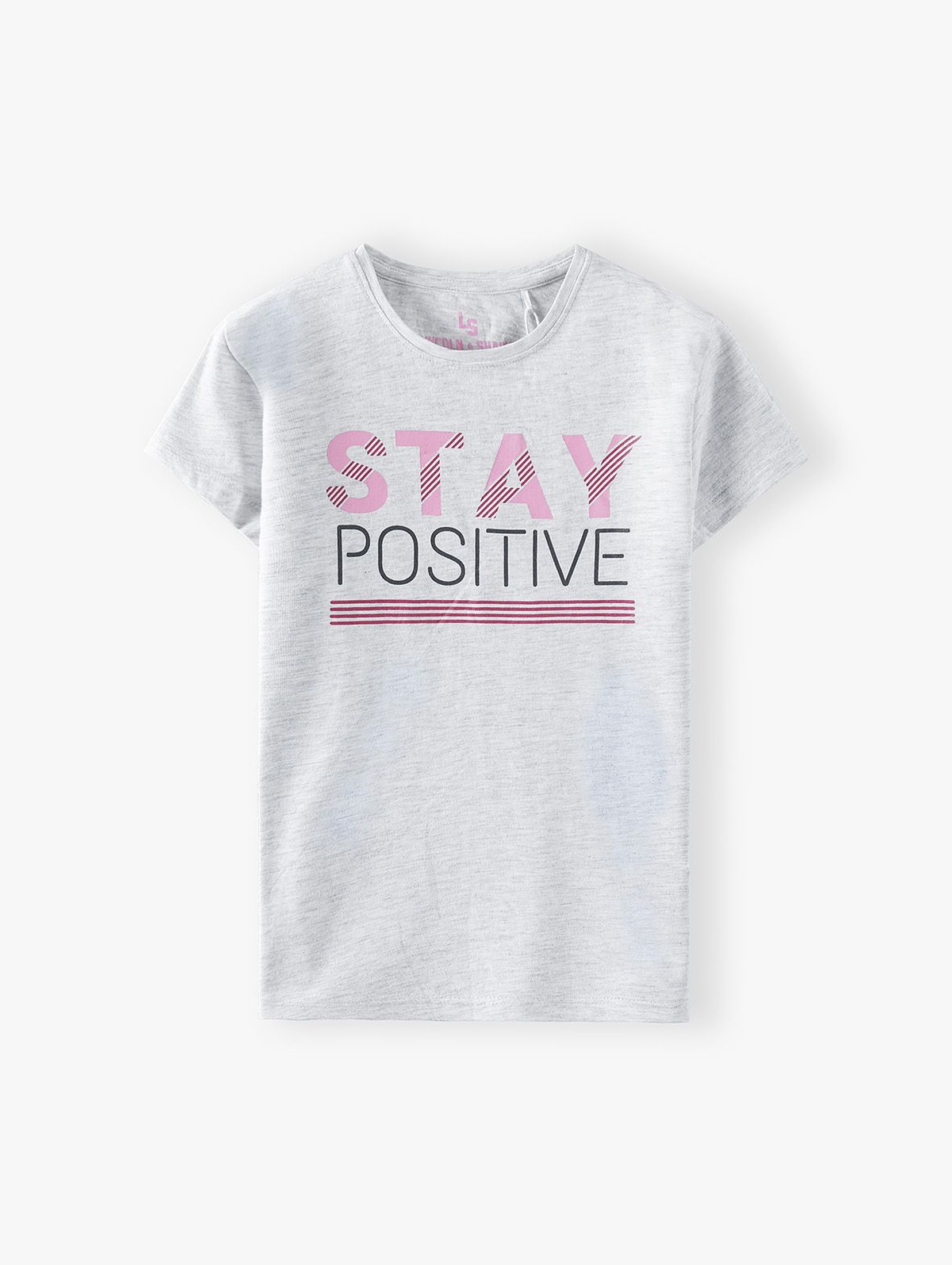 Beżowy t-shirt dziewczęcy z napisem Stay Positive