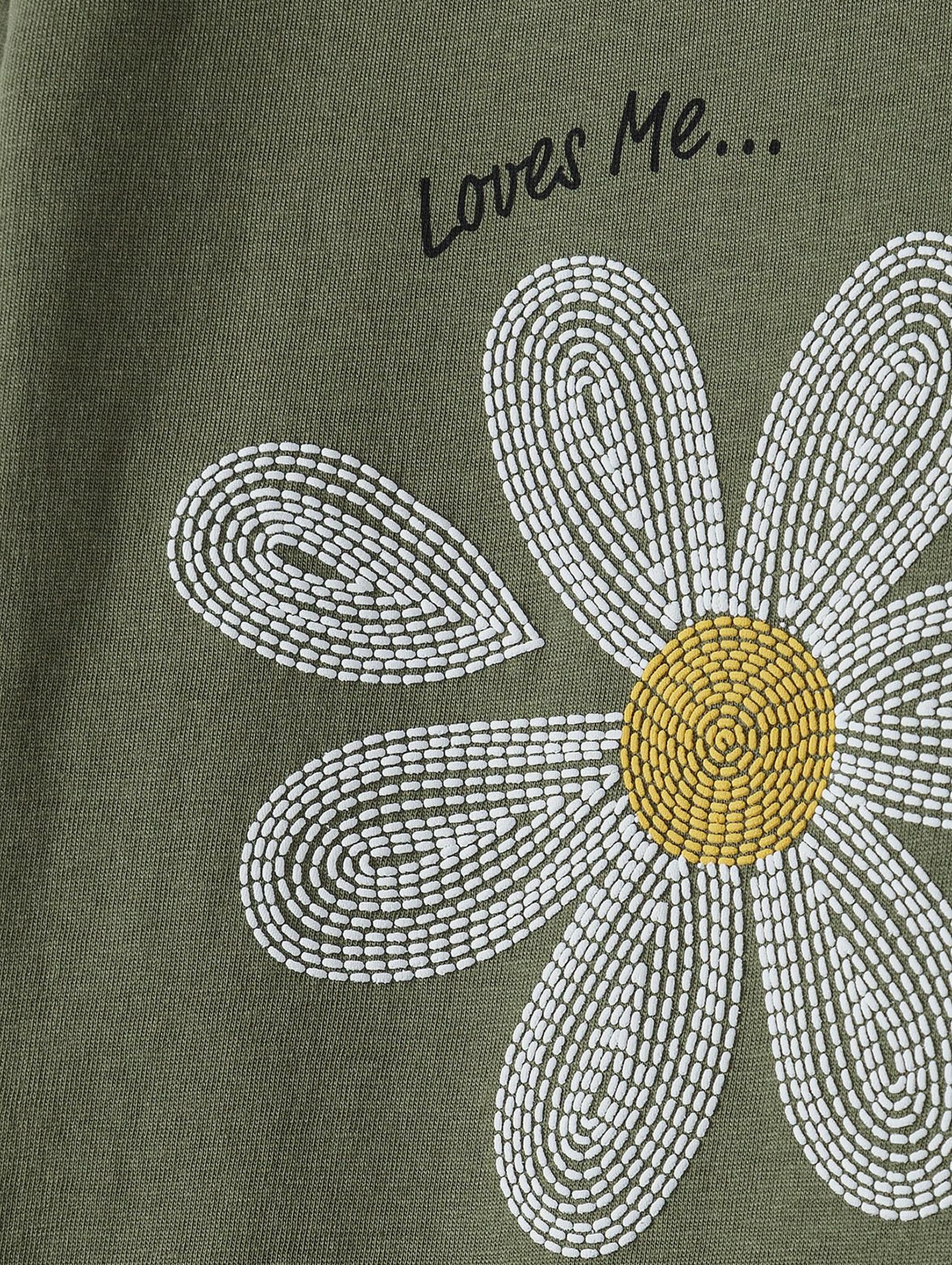 Bawełniana bluzka dziewczęca z długim rękawem z kwiatkiem - khaki