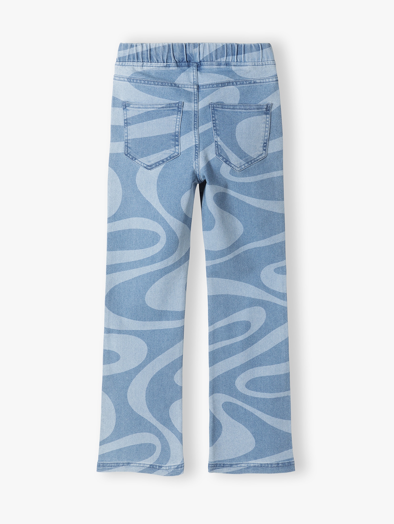 Niebieskie rozkloszowane spodnie dziewczęce we wzory