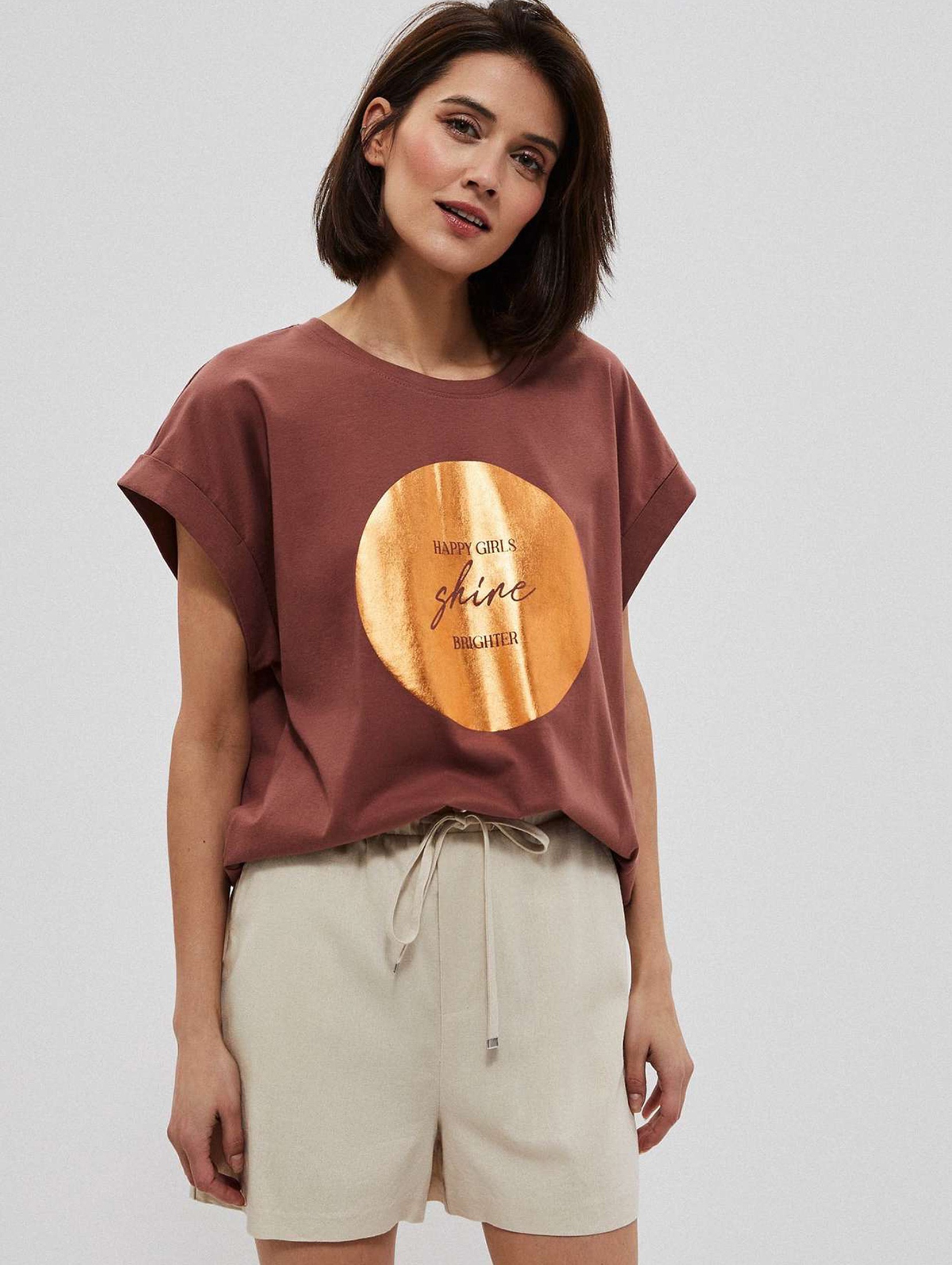Bawełniany t-shirt damski z nadrukiem brązowy