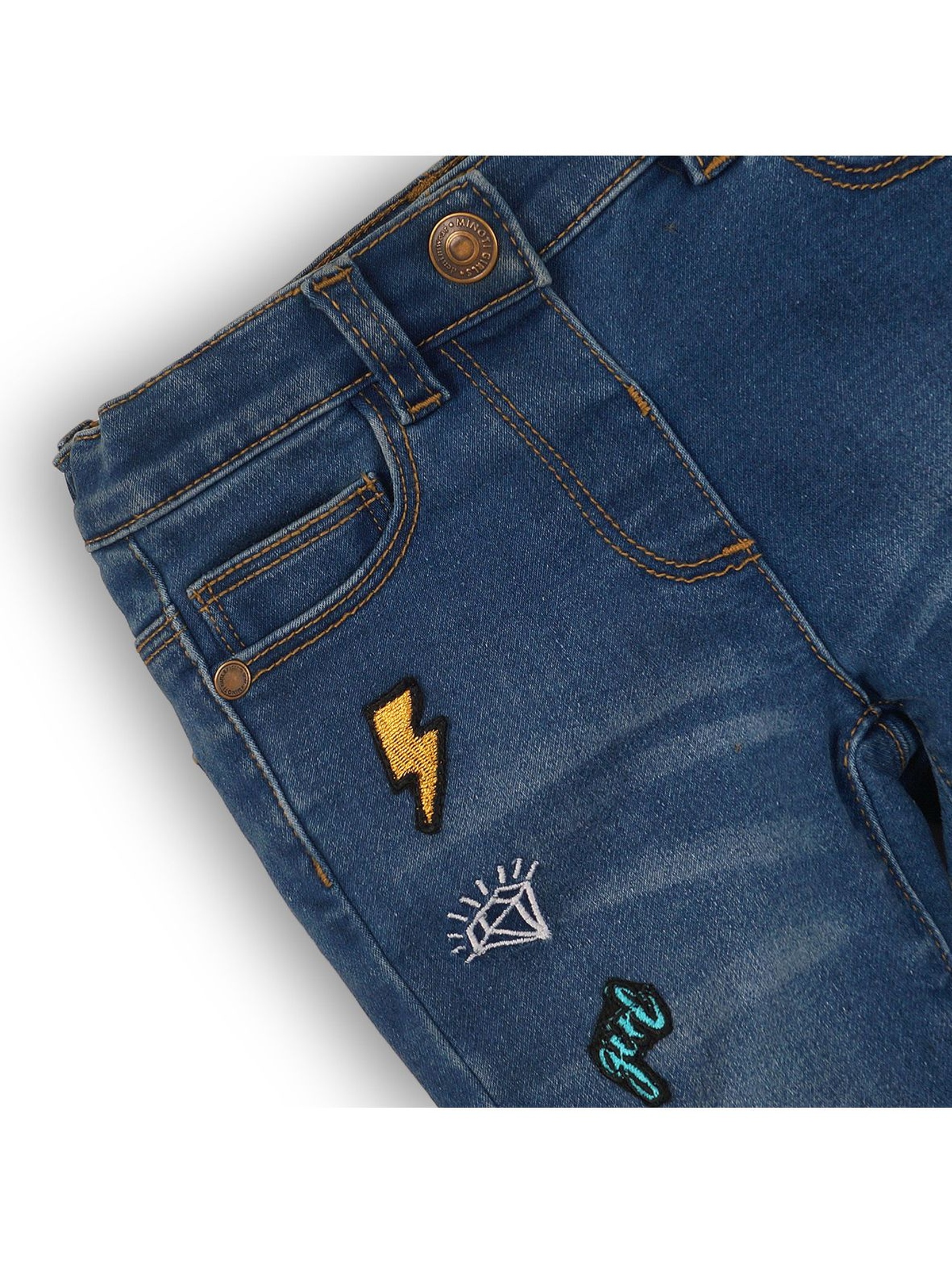 Spodnie dziewczęce jeansowe z naszywkami- niebieskie