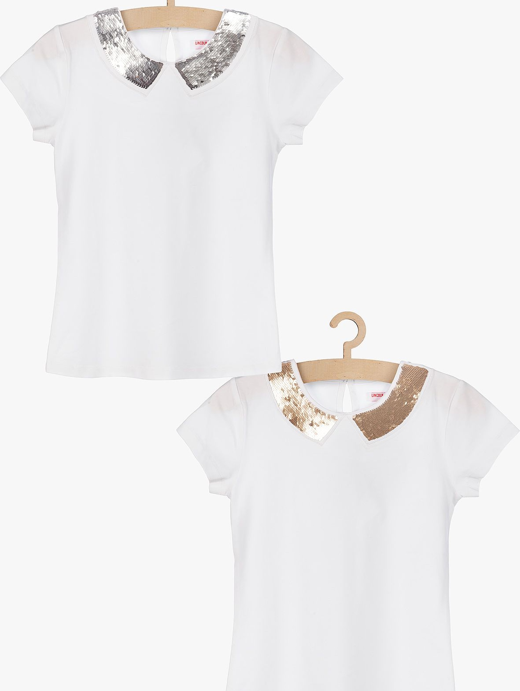 T-shirt dziewczęcy biały z cekinowym, dwustronnym kołnierzykiem