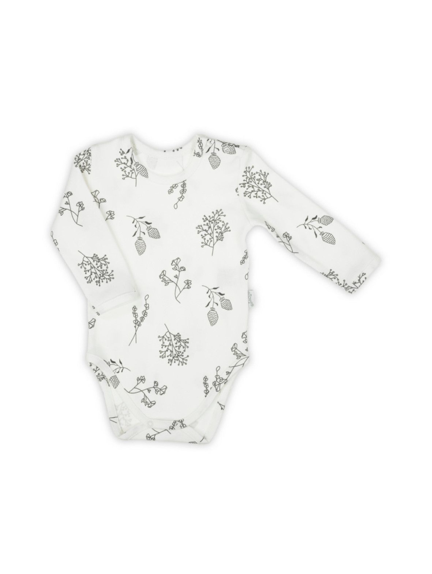 Bawełniane body niemowlęce z długim rękawem - ecru z motywem roslinnym