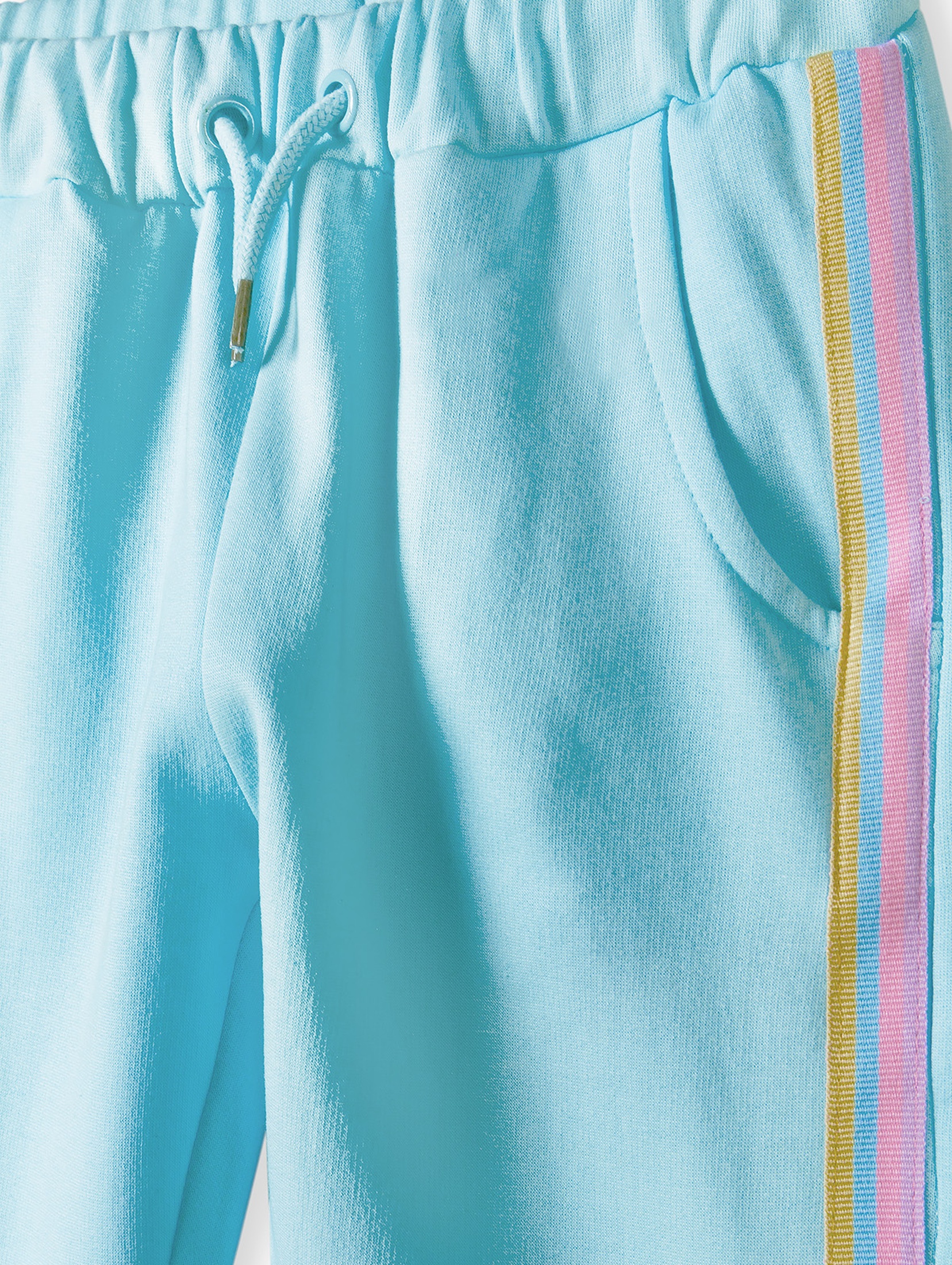 Niebieskie spodnie dresowe dla dziewczynki z kolorowymi lampasami - 5.10.15.