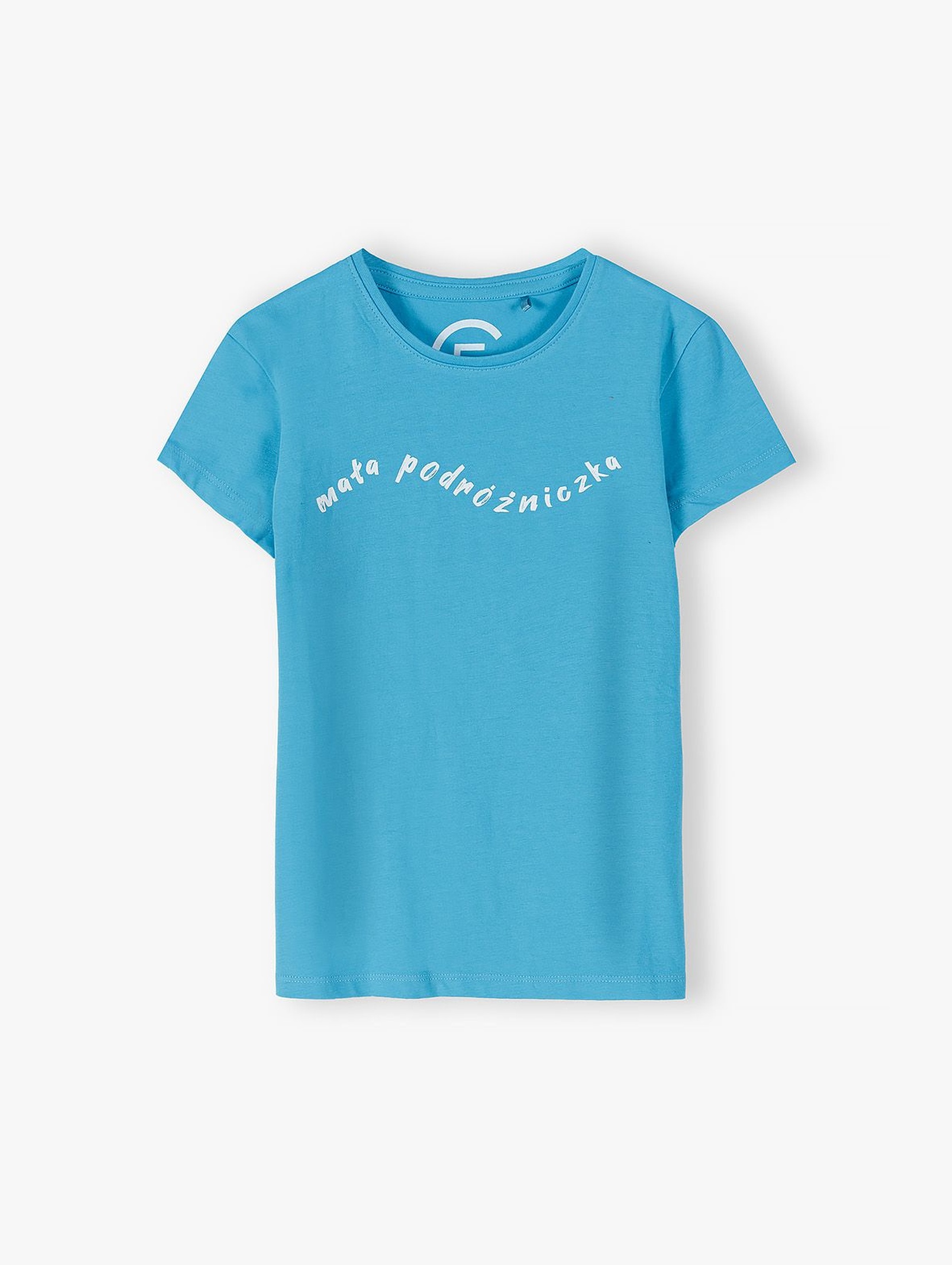 Bawełniany niebieski T-shirt z napisem Mała Podróżniczka