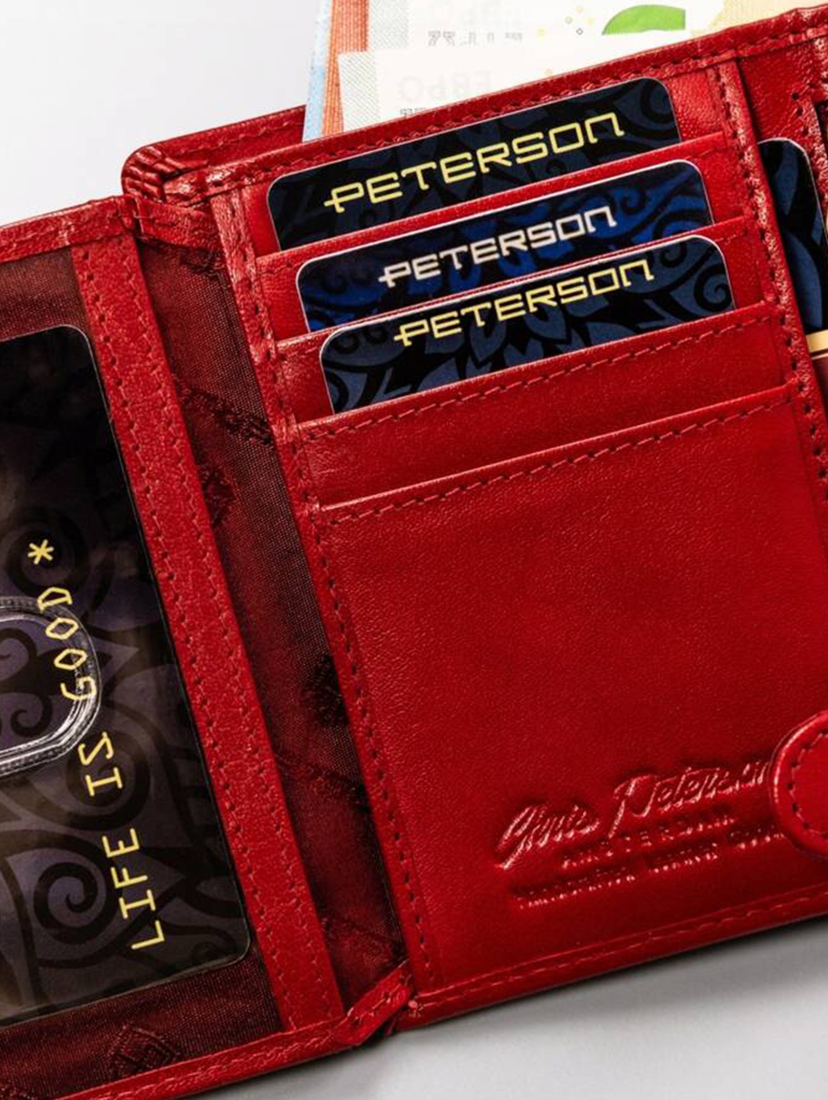 Peterson Mały, skórzany portfel damski na zatrzask- czerwony