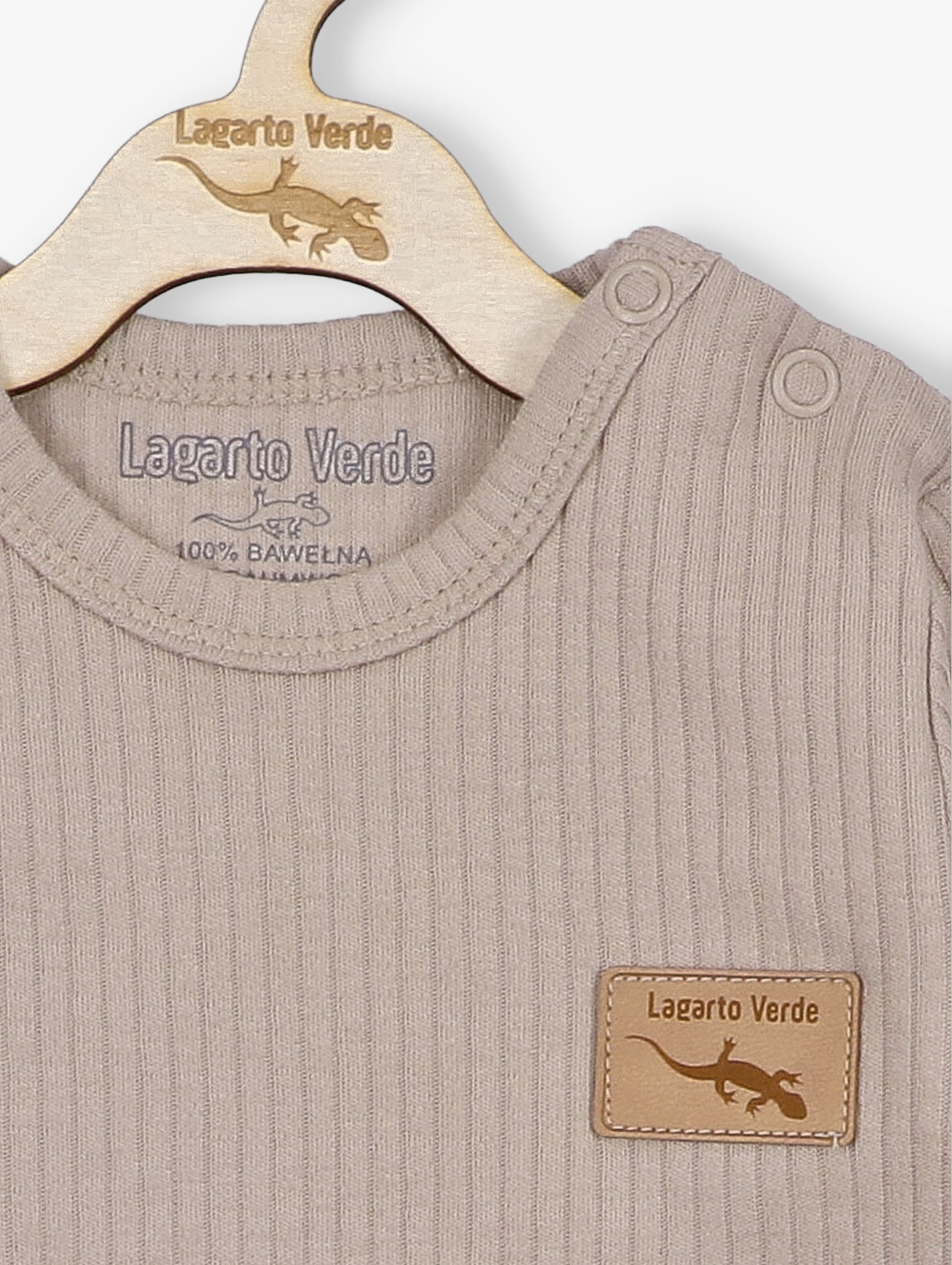 Brązowy pajac niemowlęcy z dzianiny prążkowej - 100% bawełna - Lagarto Verde