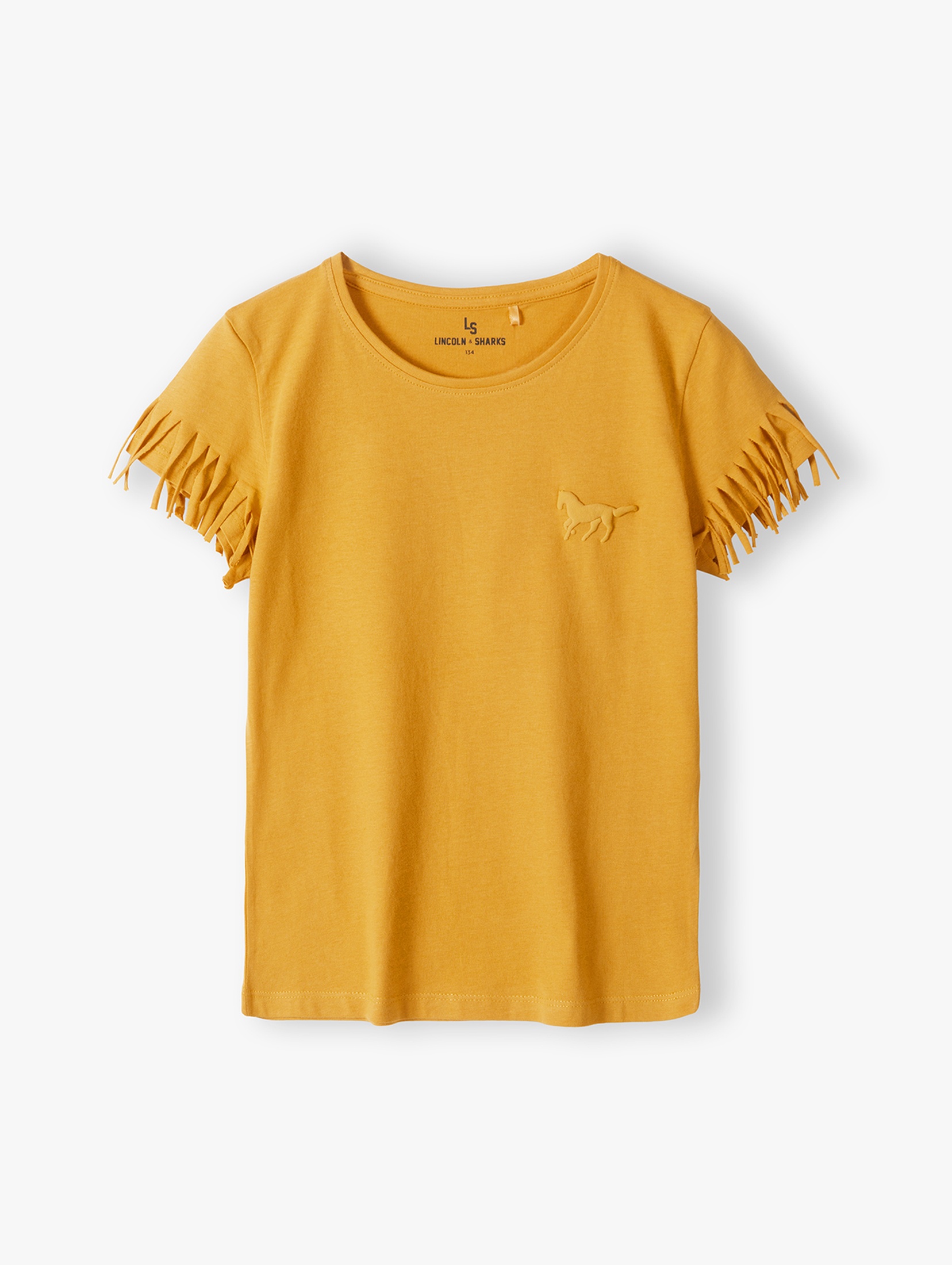 Żółta koszulka dziewczęca z frędzlami przy rękawach