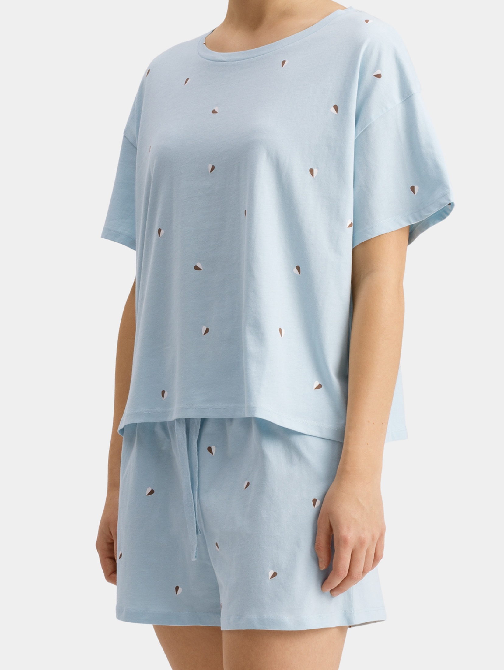Bawełniana piżama damska z krótkim rękawem - niebieska w serduszka - Atlantic