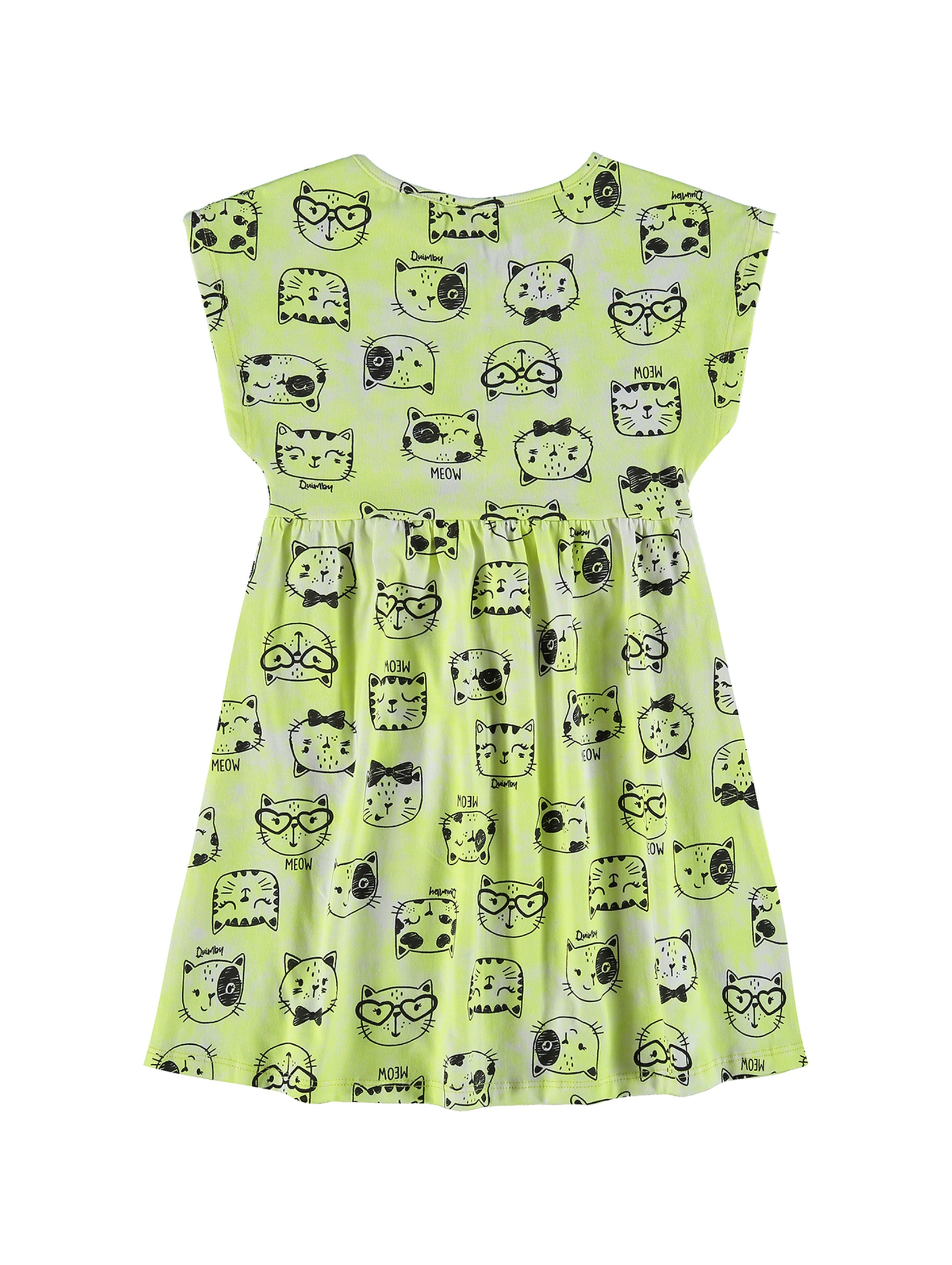 Limonkowa sukienka dziewczęca z krótkim rękawem w koty